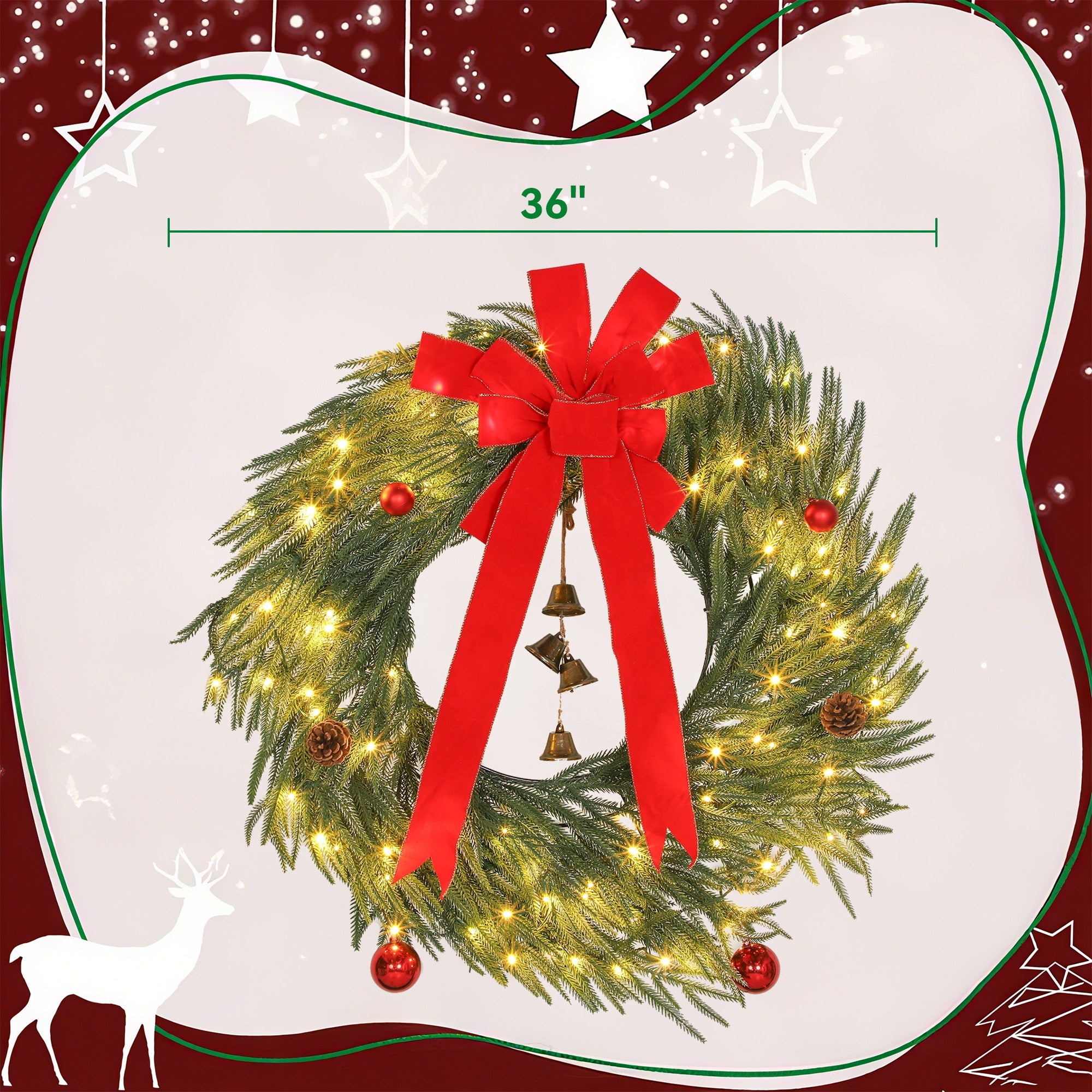 36 Inch Christmas Wreath for Front Door with LED Lights, Prelit Christmas Wreath with 8 Modes and Ornaments, Green