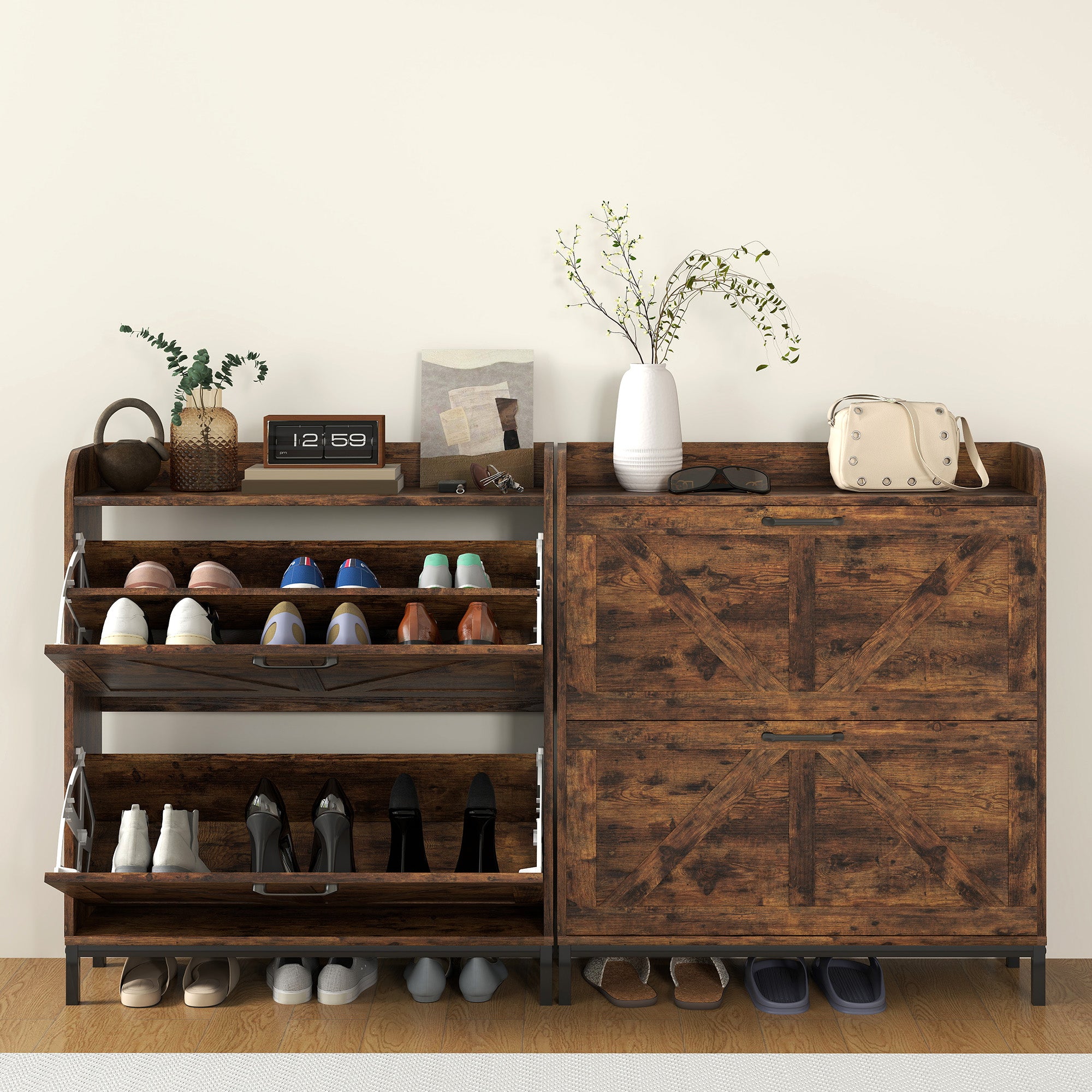 Shoe Cabinet Organizer with 2 Flip Drawers, Legs, Narrow Shoe Storage Cabinet for Entryway, Hallway, Rustic Brown - Rustic Brown - Image 8