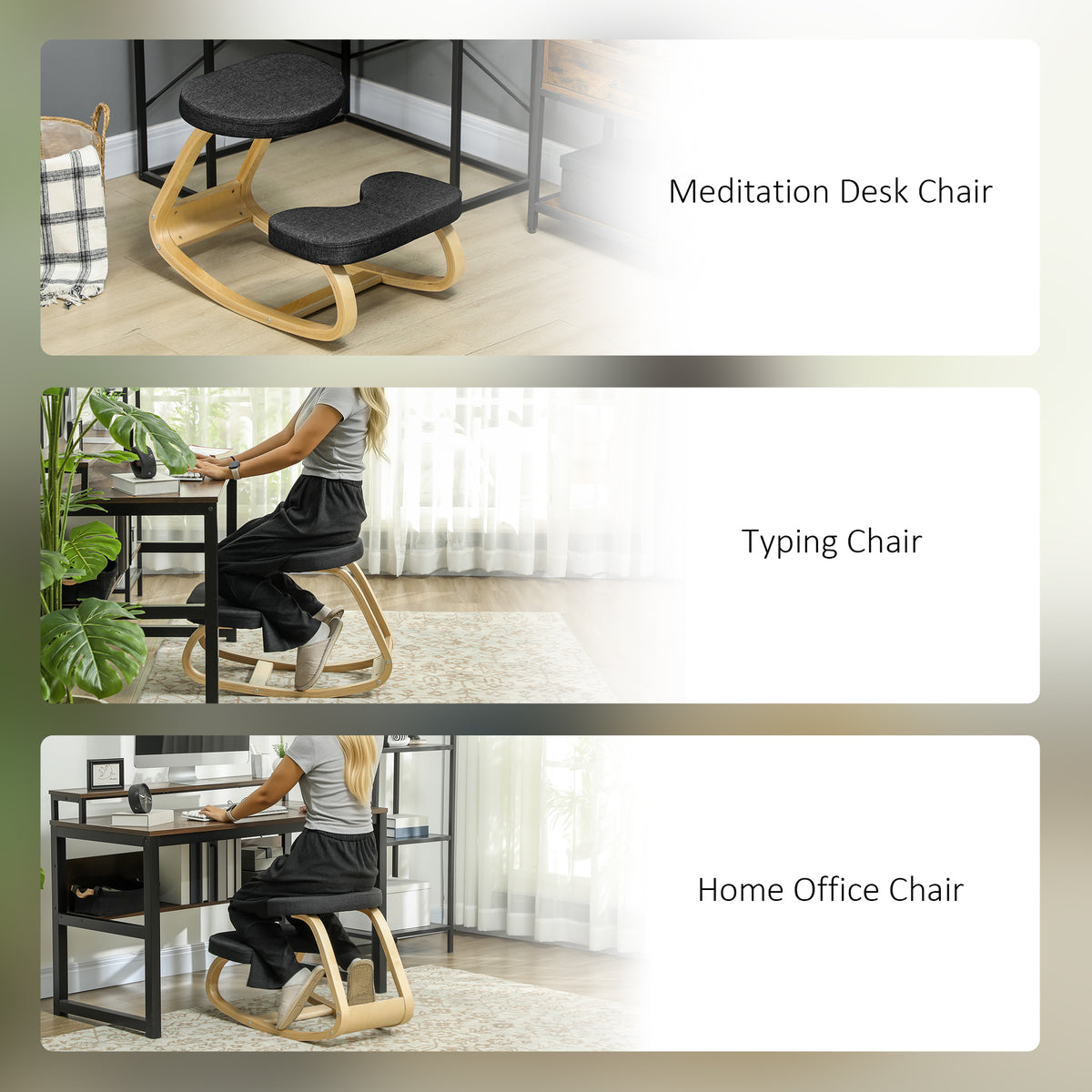 Ergonomic Kneeling Chair with Wood Frame, Posture Support Desk Chair for Home Office, 264 lb Capacity, Black