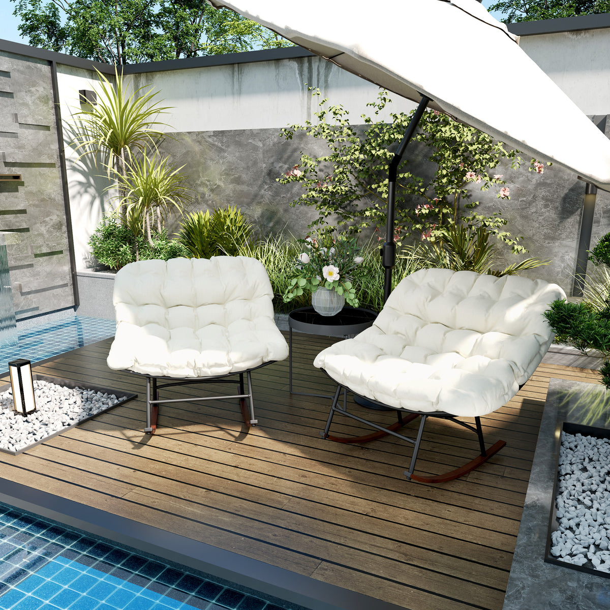 Outdoor Rocking Chair Patio Set of 2, Oversized Rocking Papasan Chairs with Cushions for Garden Porch, 265 lbs., Beige