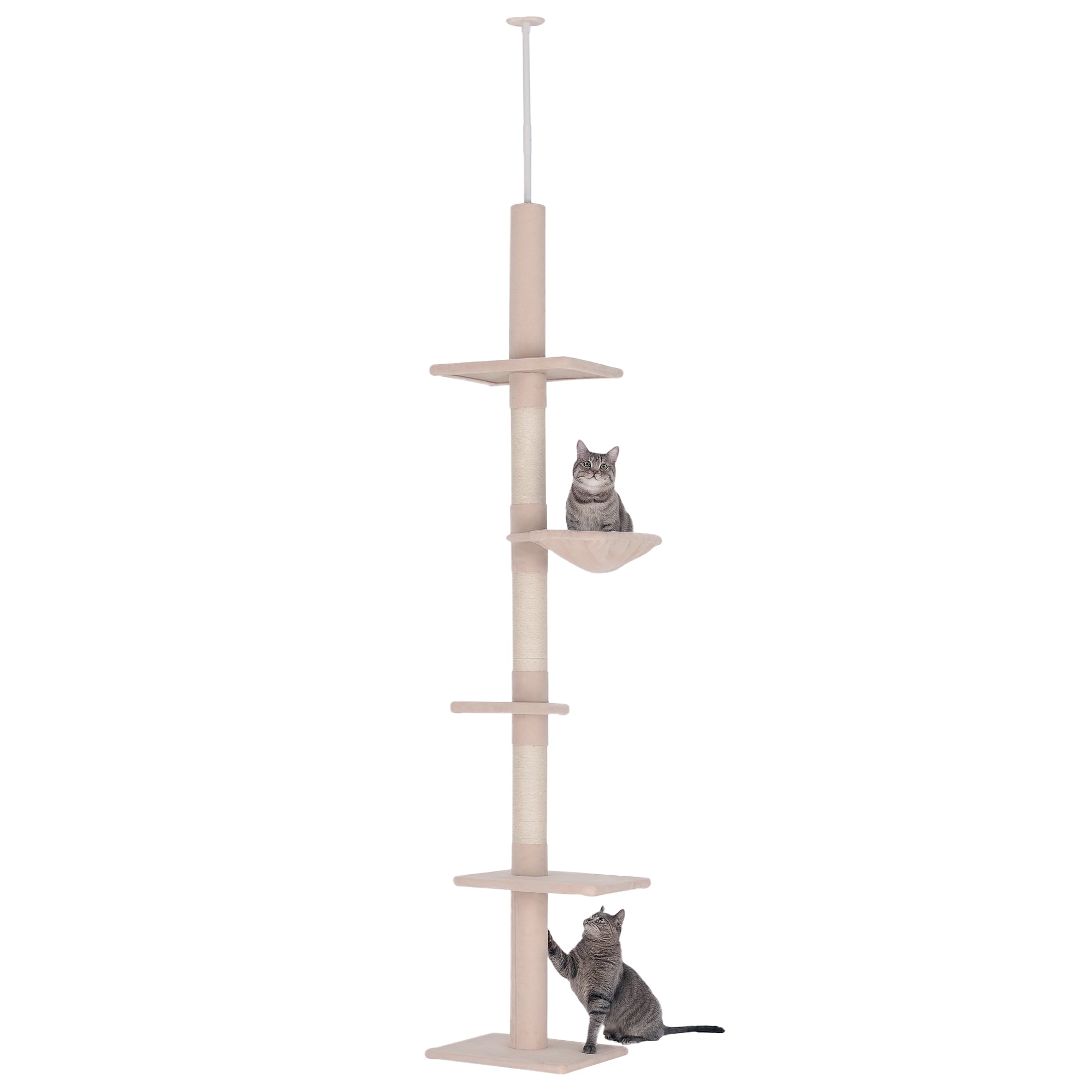 102" Adjustable Height Floor to Ceiling Cat Tree, 5 Level Cat Tower with Scratching Posts, Hammock, Beige - Beige