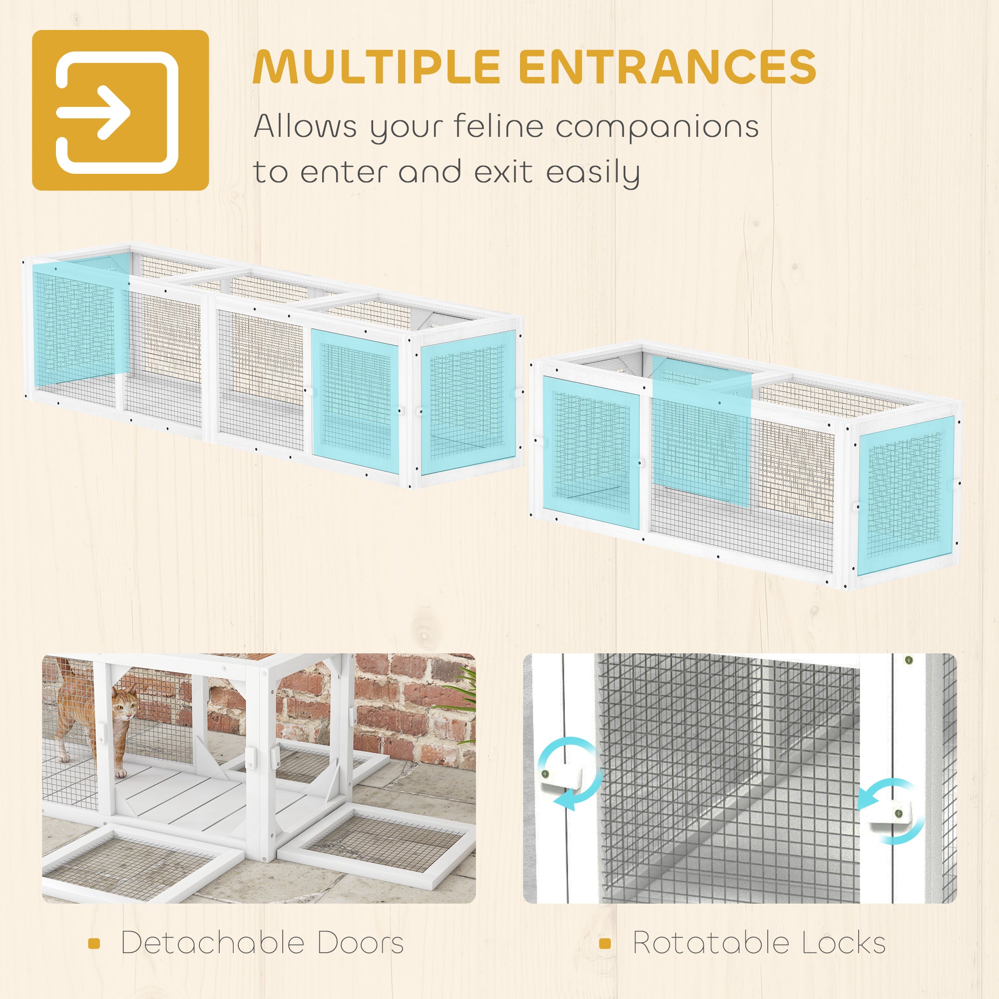 Wooden 98" Cat Tunnel for Outdoor with Combinable Design, 8 Doors, White - White - Image 6