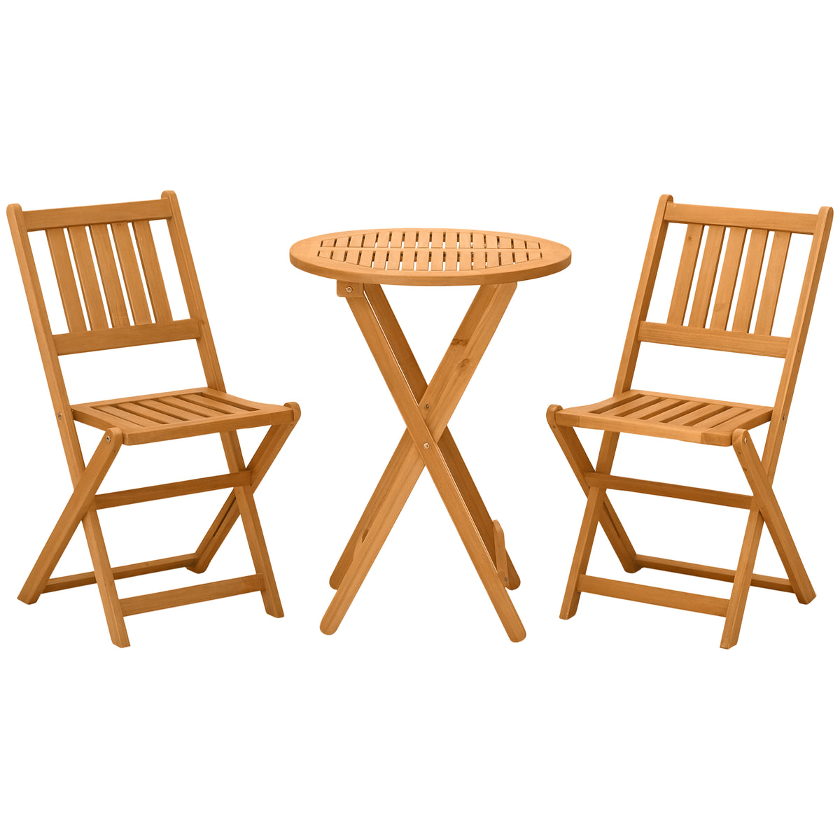 3-Piece Acacia Wood Bistro Set, Folding Patio Furniture with 2 Folding Chairs and Round Coffee Table, Teak, Slatted Finish, for Backyard, Balcony, Deck, Natural