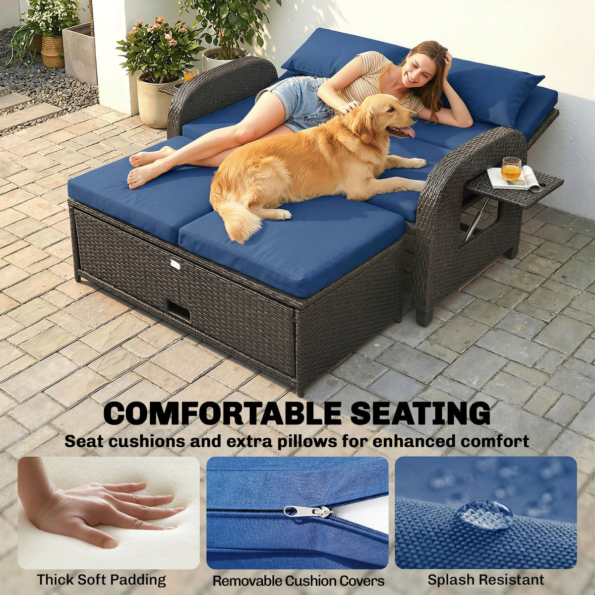 Patio Rattan Daybed, Wicker Outdoor Daybed with Storage Ottoman, Loveseat w/ Adjustable Backrest, Navy Blue