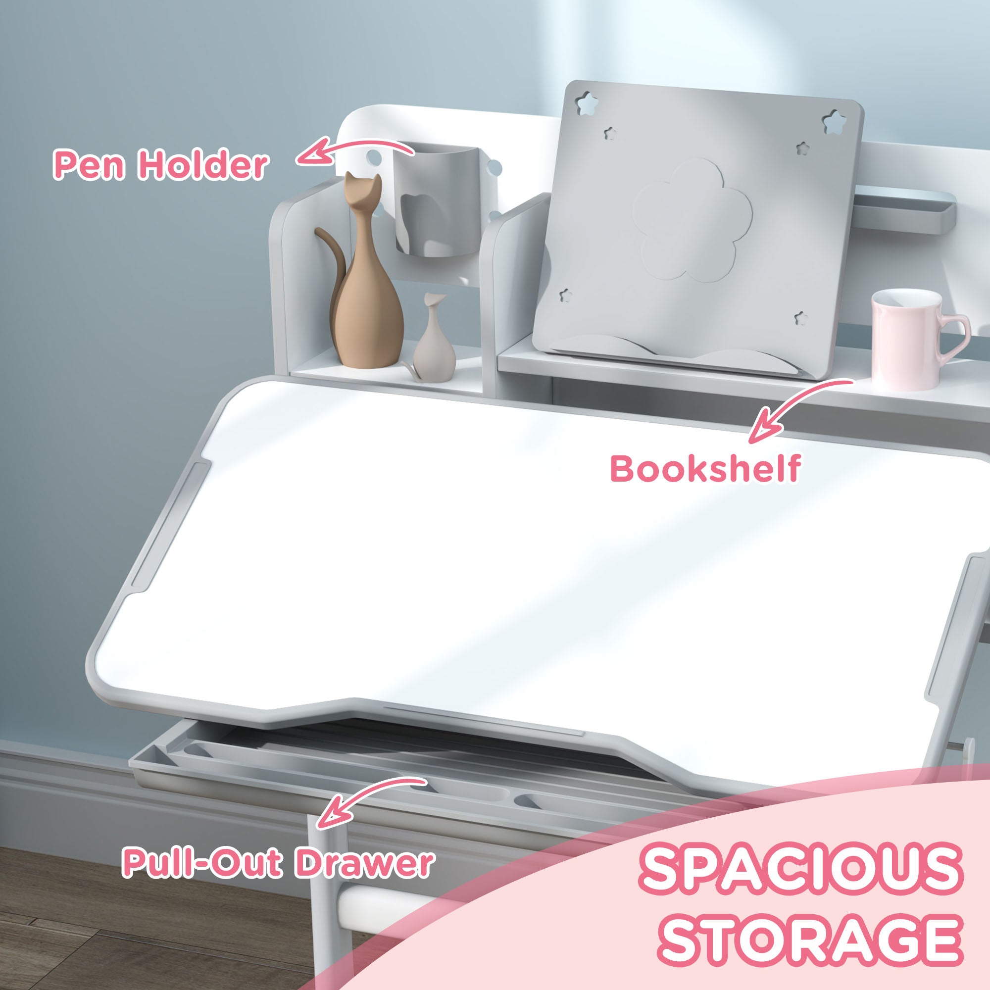 Height Adjustable Kids Desk and Chair Set for Writing Drawing w/ Tilt Desktop, Storage Drawer and Reading Rack, Gray