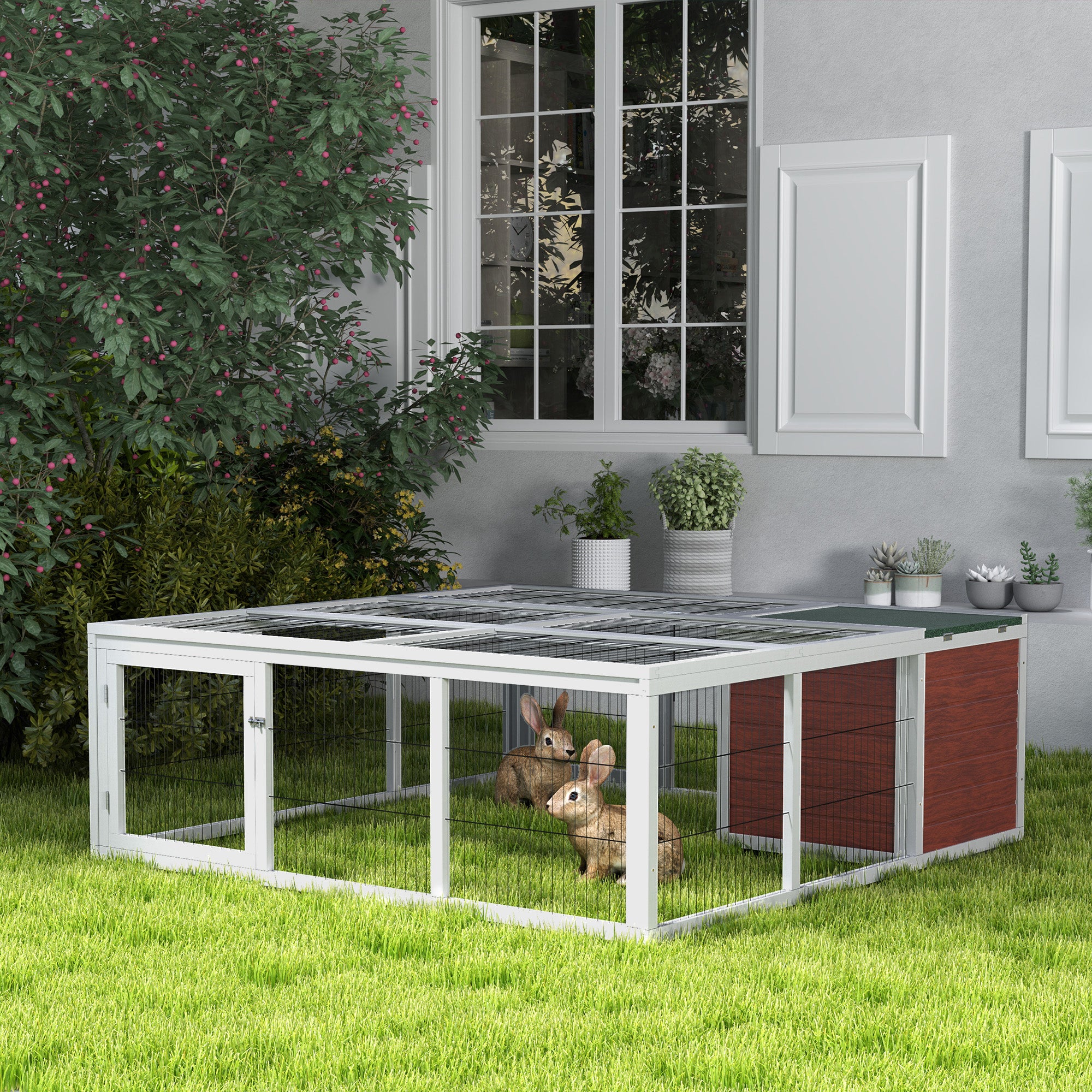64" Wooden Outdoor Rabbit Hutch Playpen Tortoise House Habitat with Run and Enclosed Cover - Brown and White - Image 2