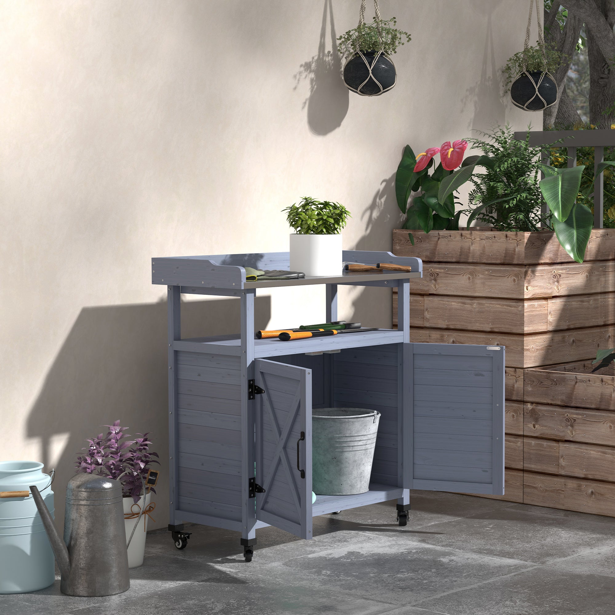 Outdoor Wooden Potting Bench with Storage Cabinet, Aluminum Tabletop, Rubber Wheels for Backyard, Patio, Balcony, Gray - Gray - Image 2