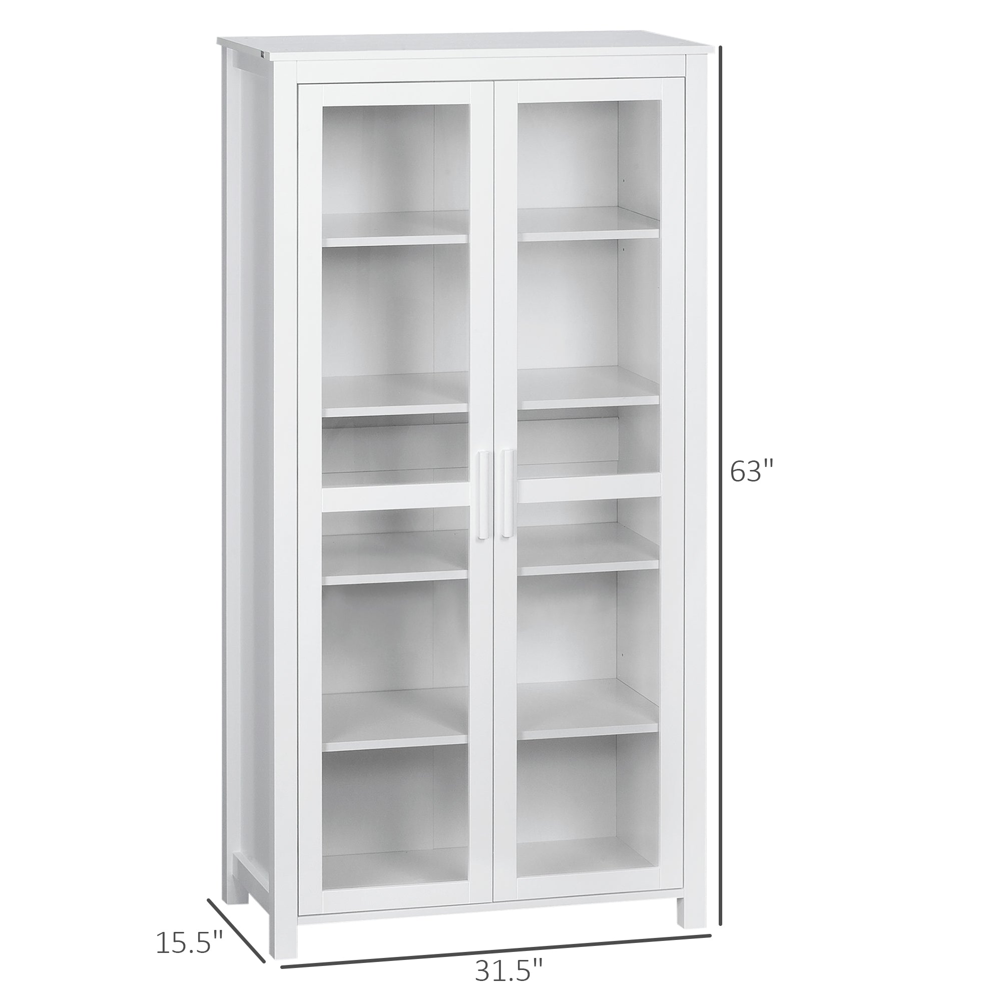63" Kitchen Pantry Cabinet, Freestanding Storage Cabinet, Display Cabinet with 2 Glass Door and 2 Adjustable Shelves for Dining Room, White