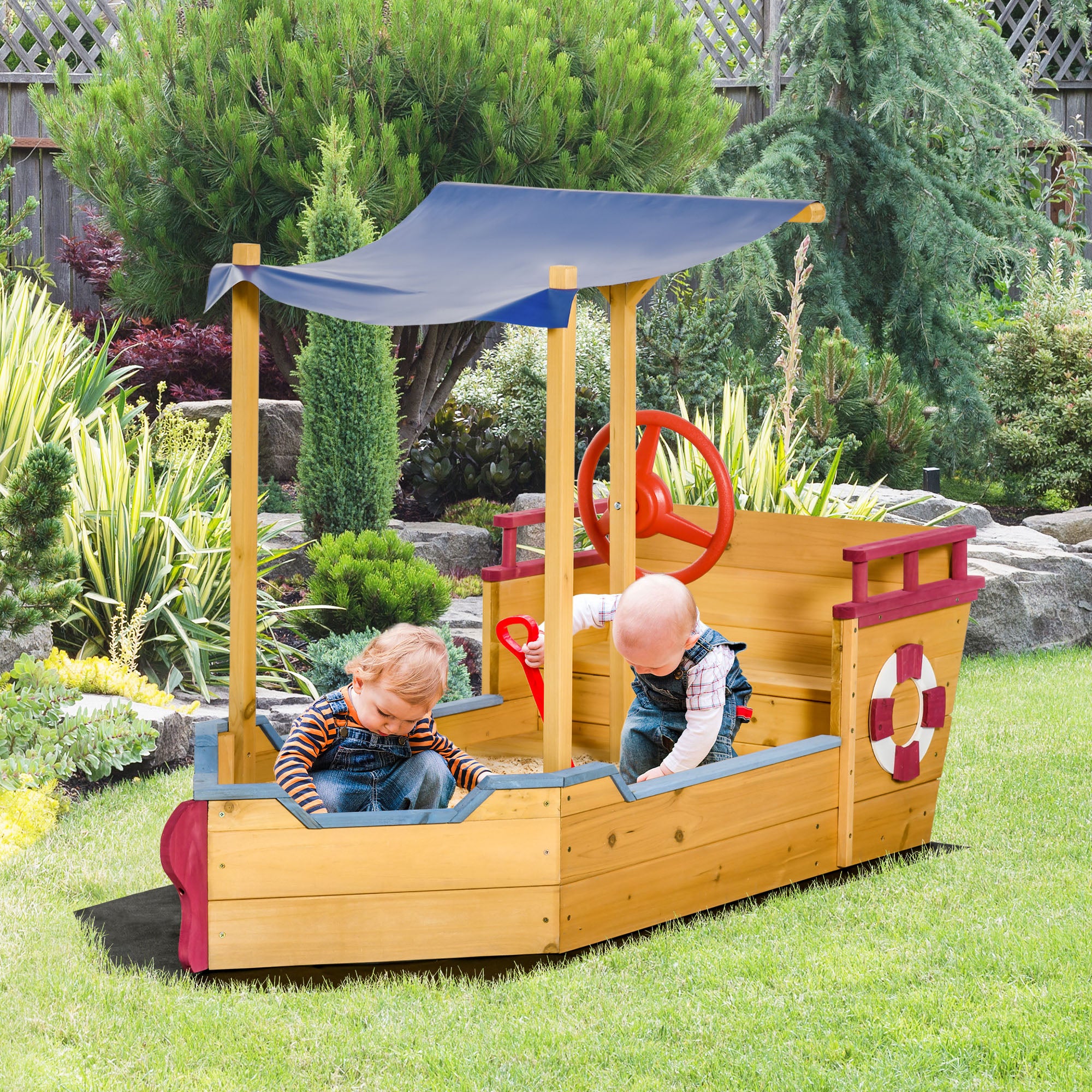 Kids Wooden Sandbox, w/ Canopy Bench Seat Storage Space, Aged 3-8 Years Old