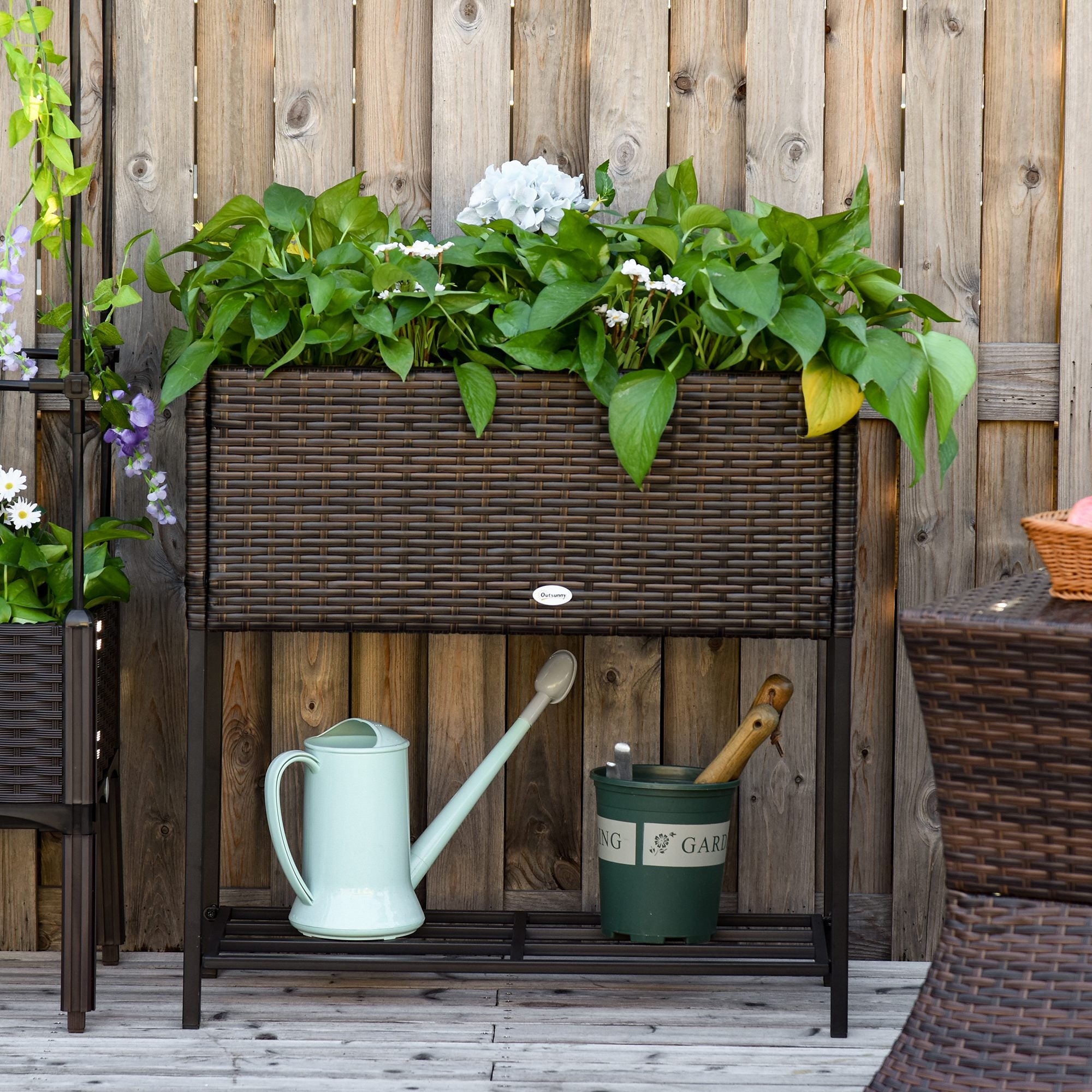Raised Garden Bed, Elevated Planter Box with Rattan Wicker Look, Tool Storage Shelf, Portable Design for Herbs, Vegetables, Flowers, Brown - Brown - Image 2