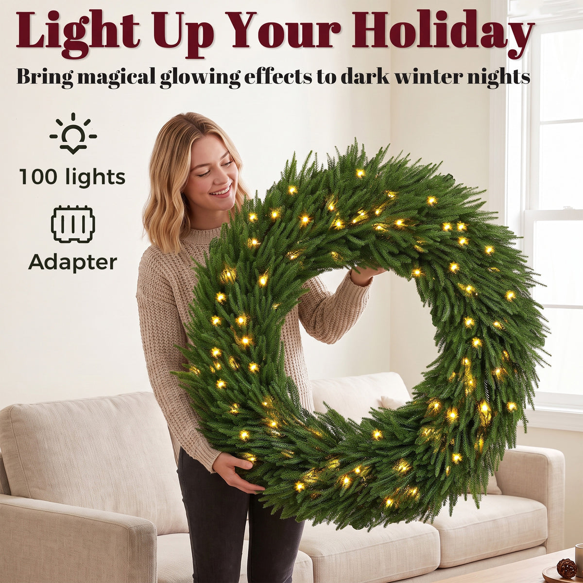 Christmas Decoration, 36 in Pre-Lit Norfolk Pine Artificial Christmas Wreath with 100 LED Lights, Green
