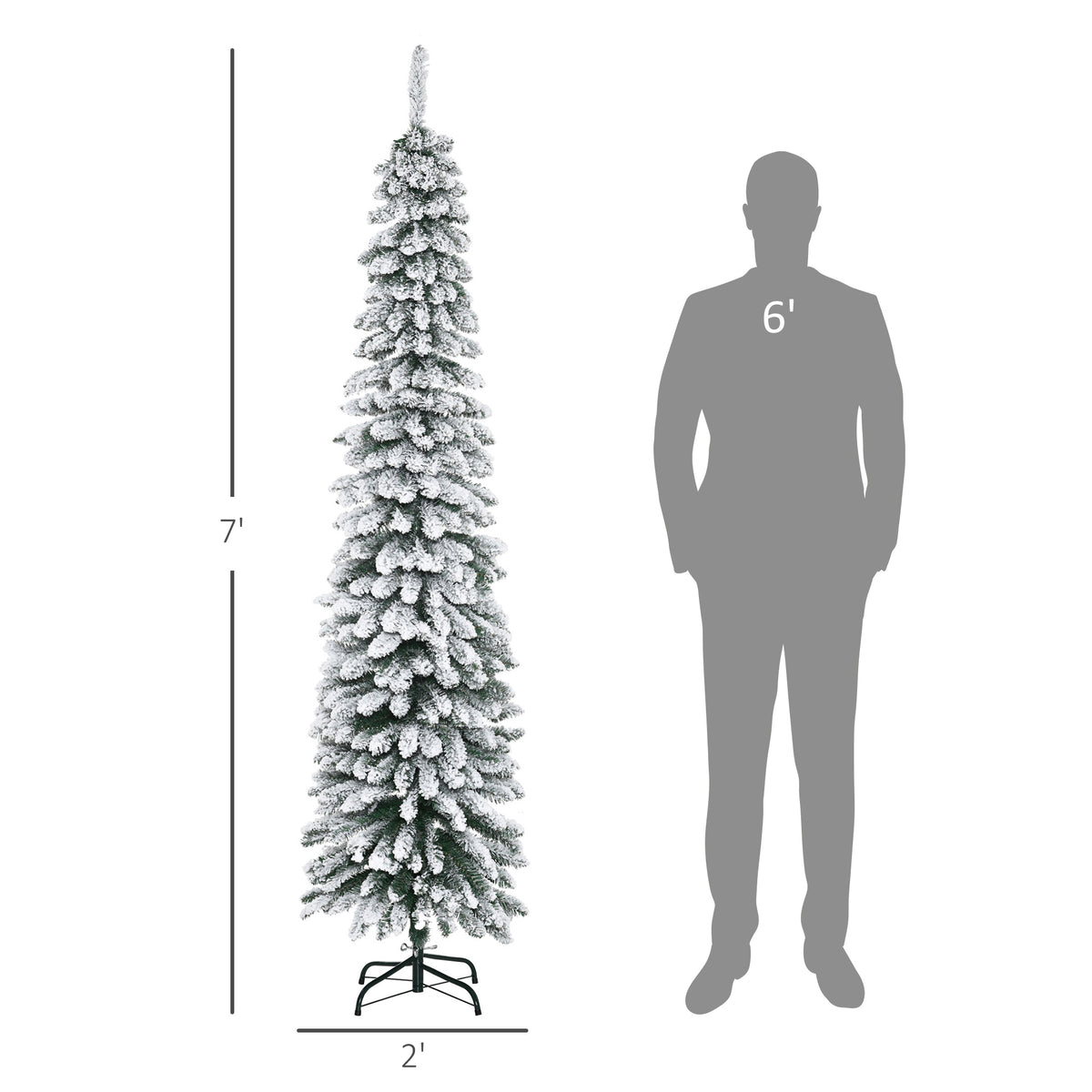 7' Tall Unlit Slim Pencil Xmas Tree, Snow-Flocked Artificial Christmas Tree with Realistic Branches and 603 Tips, Green