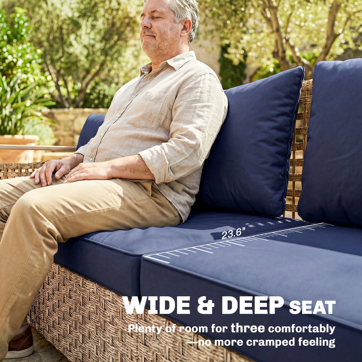 Rattan Wicker Sofa 3-Seater Outdoor Patio Sofa with Cushions for Garden Backyard Porch Dark Blue