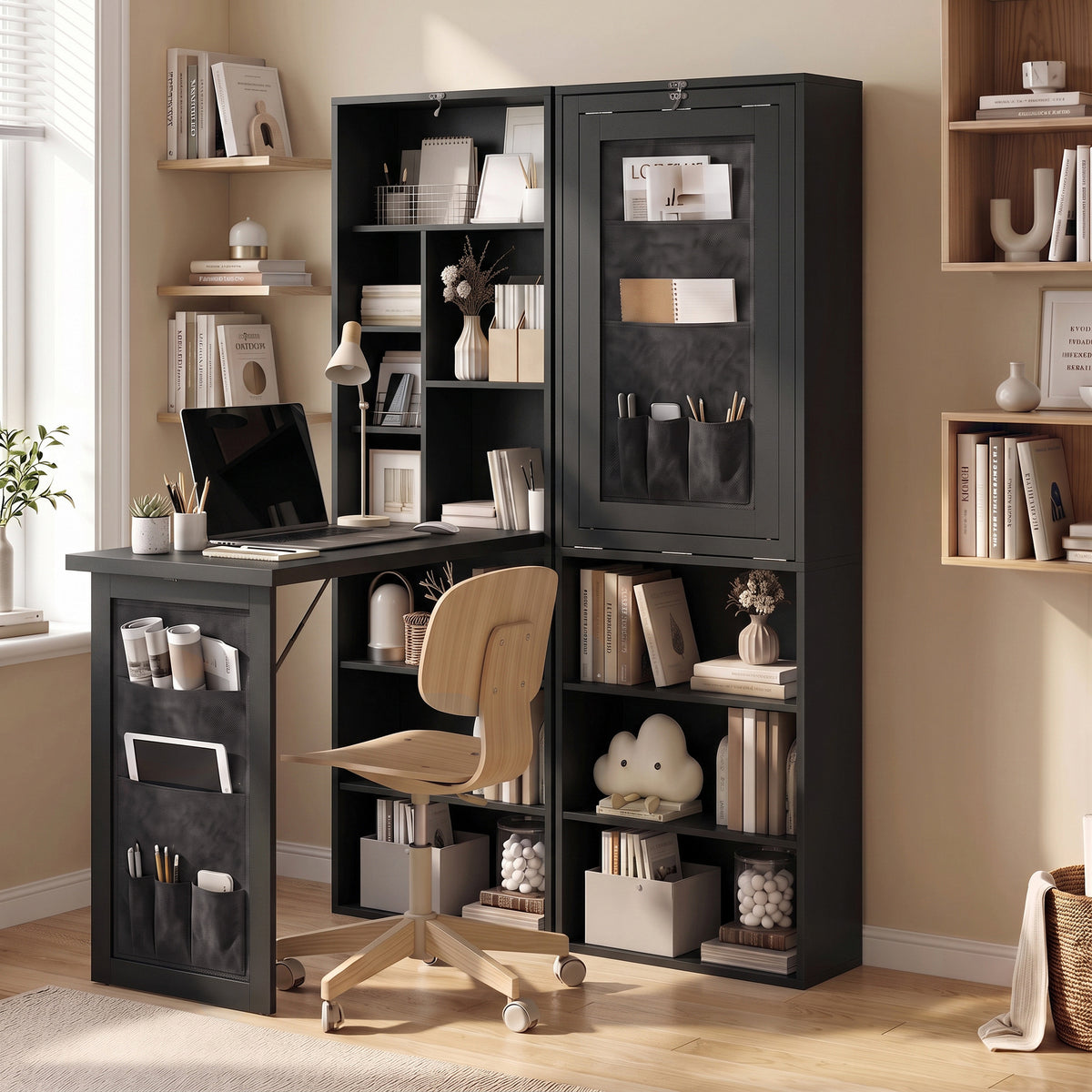 Foldable Convertible Writing Table with Storage Shelves, Bag, Wall-Mounted Space-Saving Computer Desk, Black