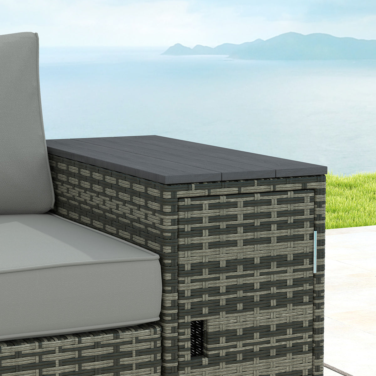 3 Seater Wicker Outdoor Couch Patio Sofa with Storage, Thickened Cushions and Wide Armrests for Porch Yard, Gray