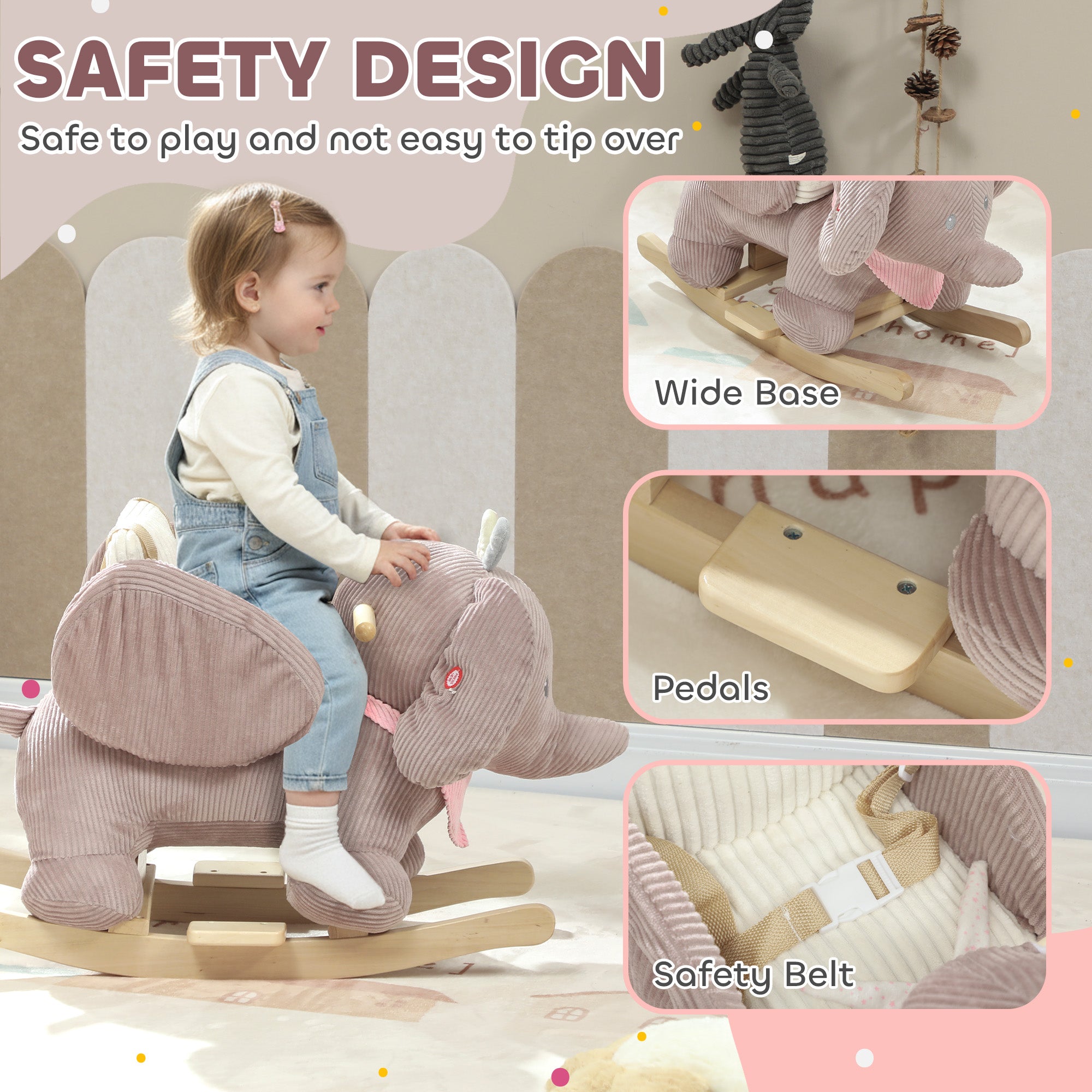 Baby Rocking Horse with Seat, Kids Ride On Toy with Realistic Elephant Sound and Safety Belt for 18 to 36 Months, Pink