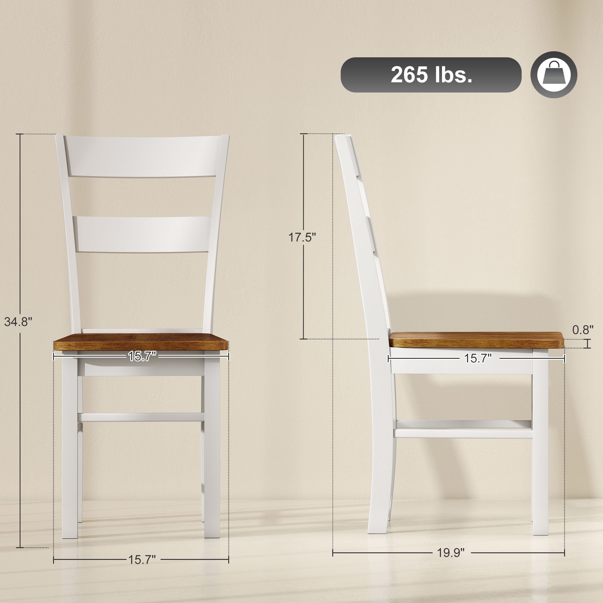 Farmhouse Dining Table Chairs, Set of 2 Rubber Wood Kitchen Table Chairs with Open Back for Living Room, Light Gray