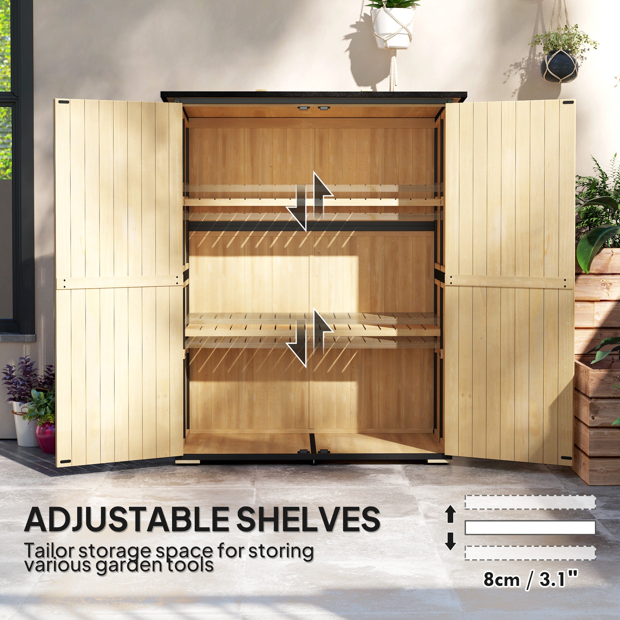 Wood Storage Shed, Outdoor Garden Shed with Asphalt Roof, 2 Shelves, Lockable Doors and Adjustable Feet, Natural - Natural Wood - Image 6