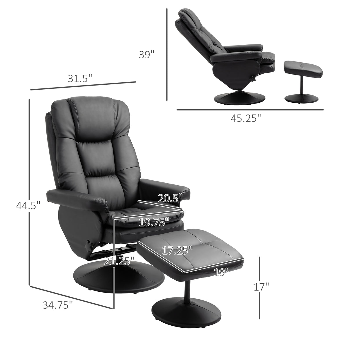 PU Leather Recliner Chair with Ottoman, Swivel Recliner and Ottoman with Round Wrapped Base for Living Room, Black