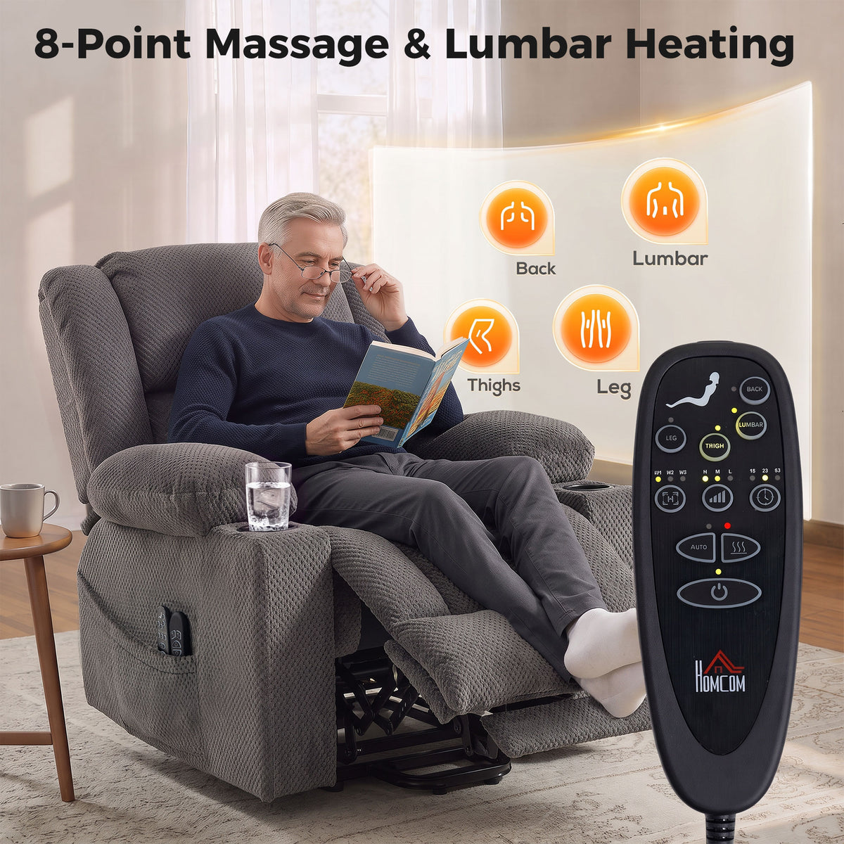 Dual Motor Power Lift Recliner Chair with Massage and Heat for Elderly, 180° Flat Recline, Wide Seat, Dark Gray