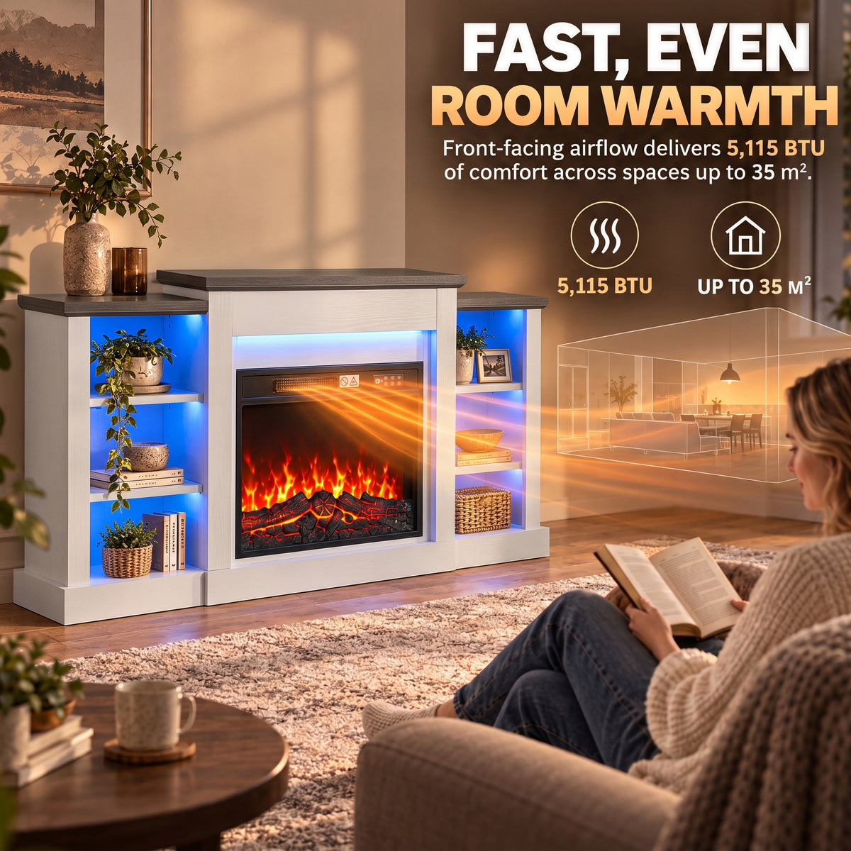 55" Fireplace TV Stand for TVs up to 65", Entertainment Center TV Console, RGB LED Strips, 6 Shelves, White Wood Grain