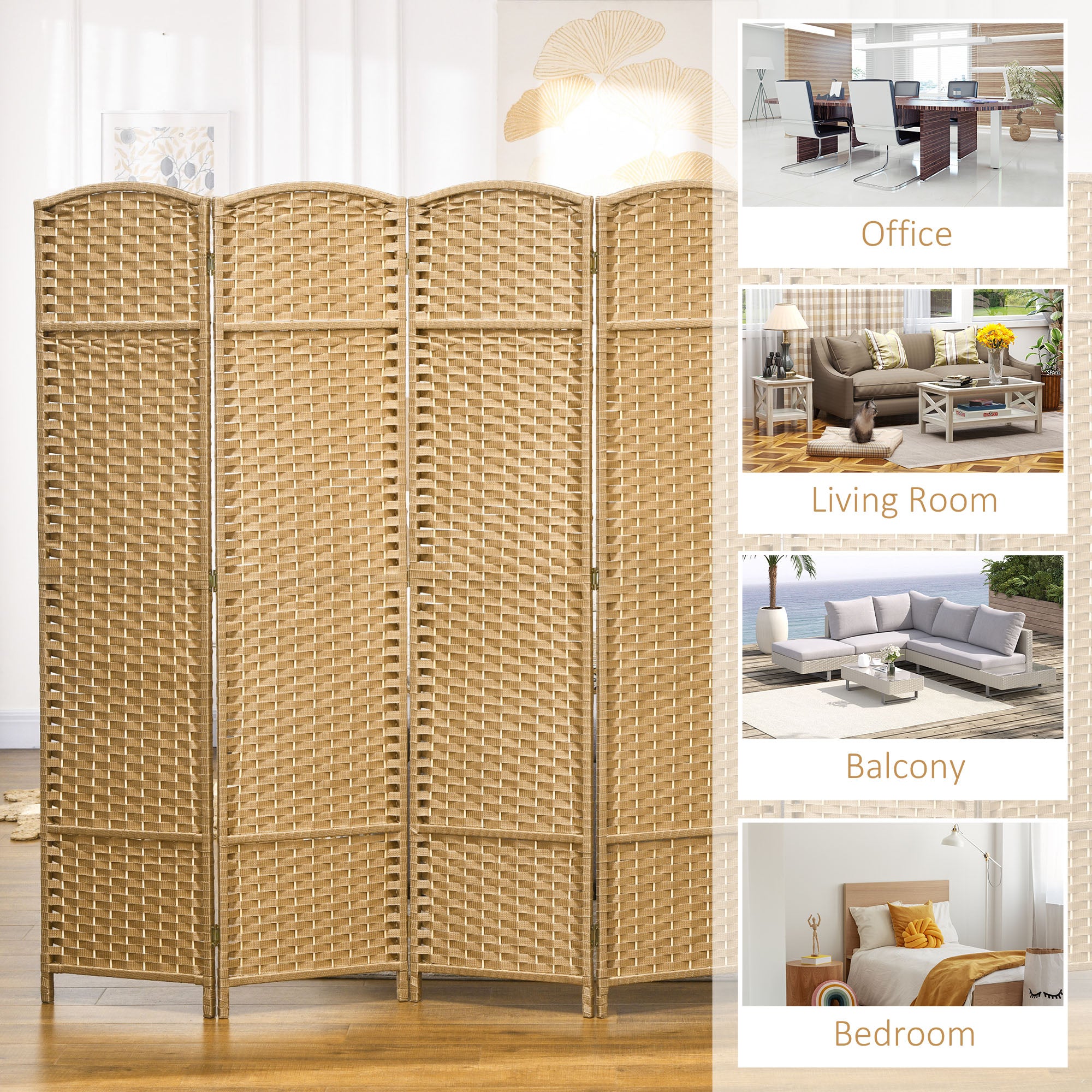 Folding Room Divider Screen 6 Panel 5.6 ' Tall Privacy Screen Freestanding Room Partition for Home Office, Nature Wood