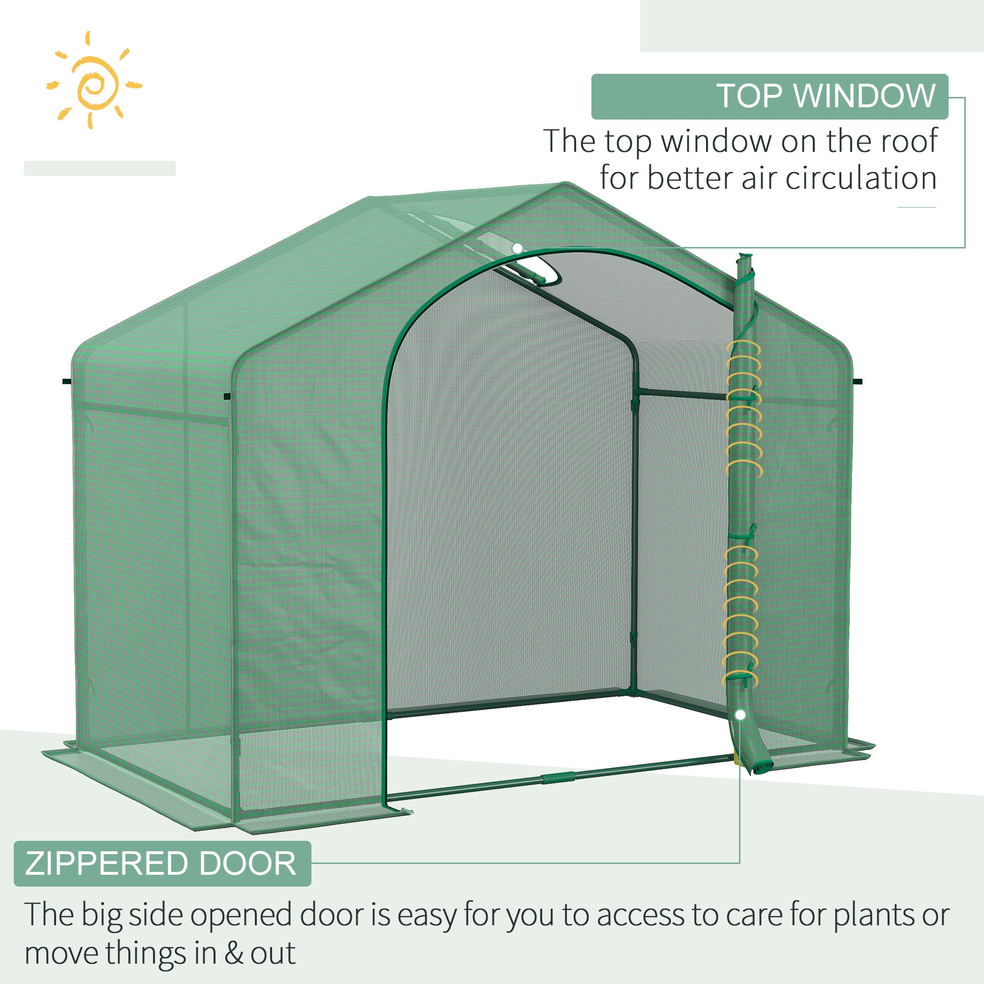 6' x 3' x 5' Portable Walk-in Greenhouse, PE Cover, Steel Frame Garden Hot House, Zipper Door, Top Vent for Flowers, Vegetables, Saplings, Tropical Plants, Green - Green - Image 4
