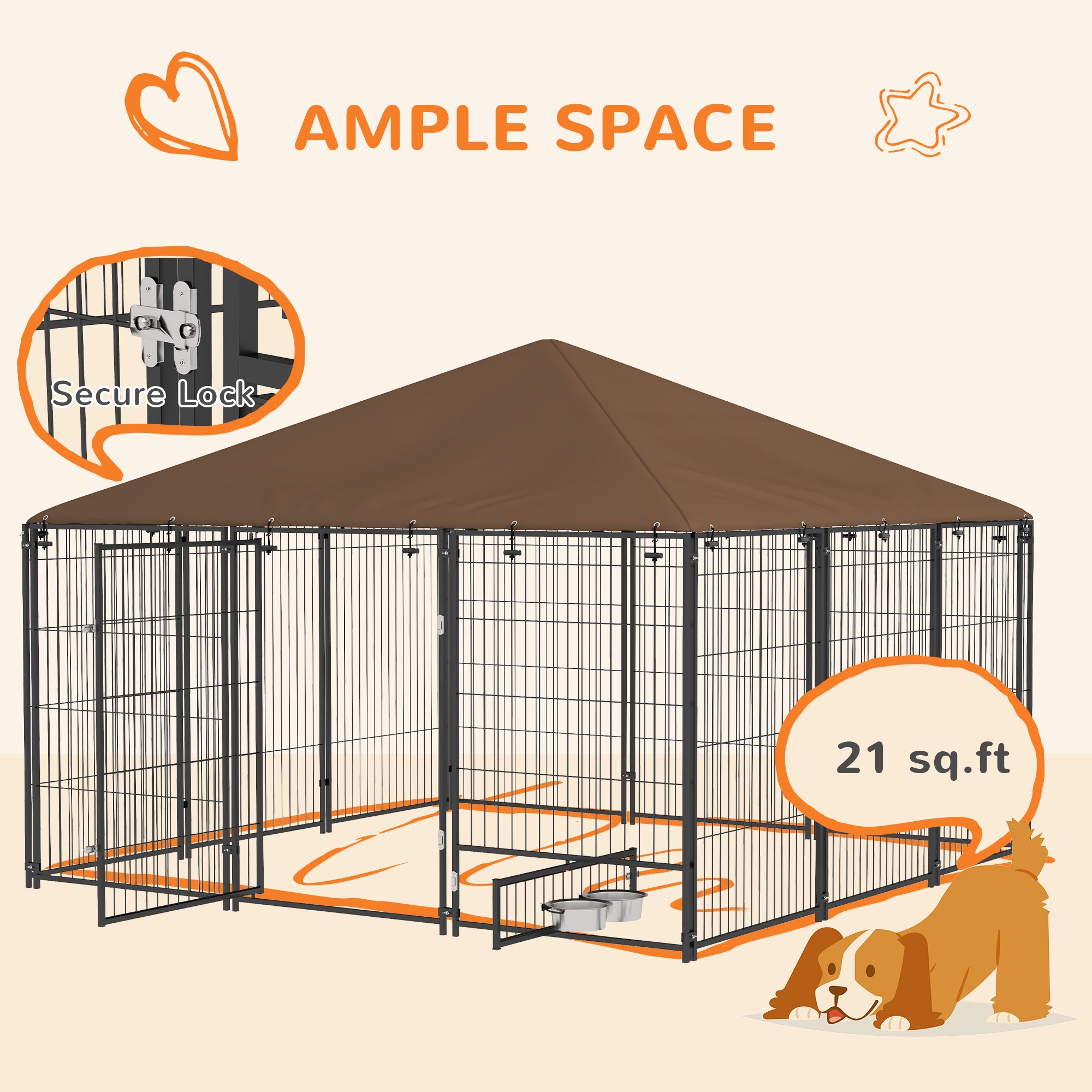 6.9' x 6.9' x 5' Outdoor Dog Kennel with Canopy Garden Playpen Fence Crate Enclosure Cage Rotating Bowl, Coffee - Coffee - Image 8