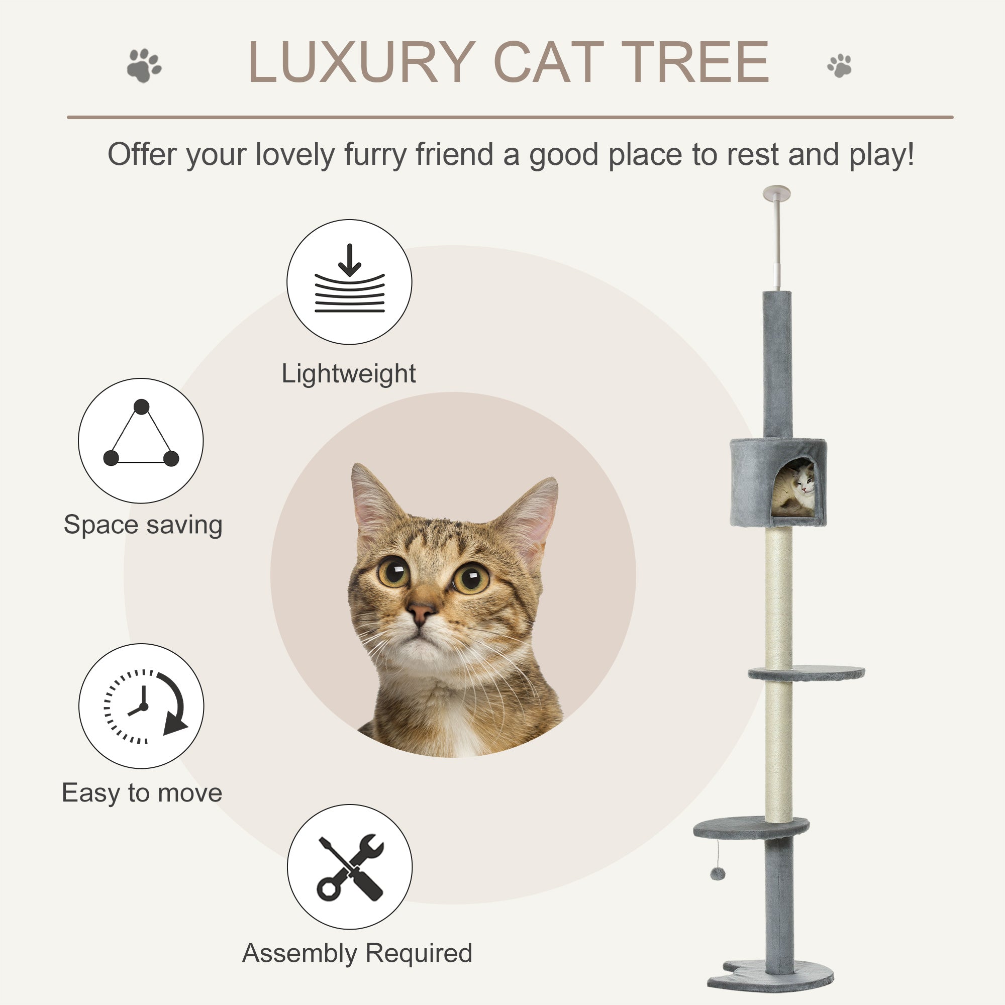 85.5" Cat Tree Height Adjustable Floor-to-Ceiling 4-Tier Kitty Climbing Activity Center Condo Cat Toy with Scratching Post Hanging Balls Play Rest Post Pet Furniture Grey - Light grey - Image 4