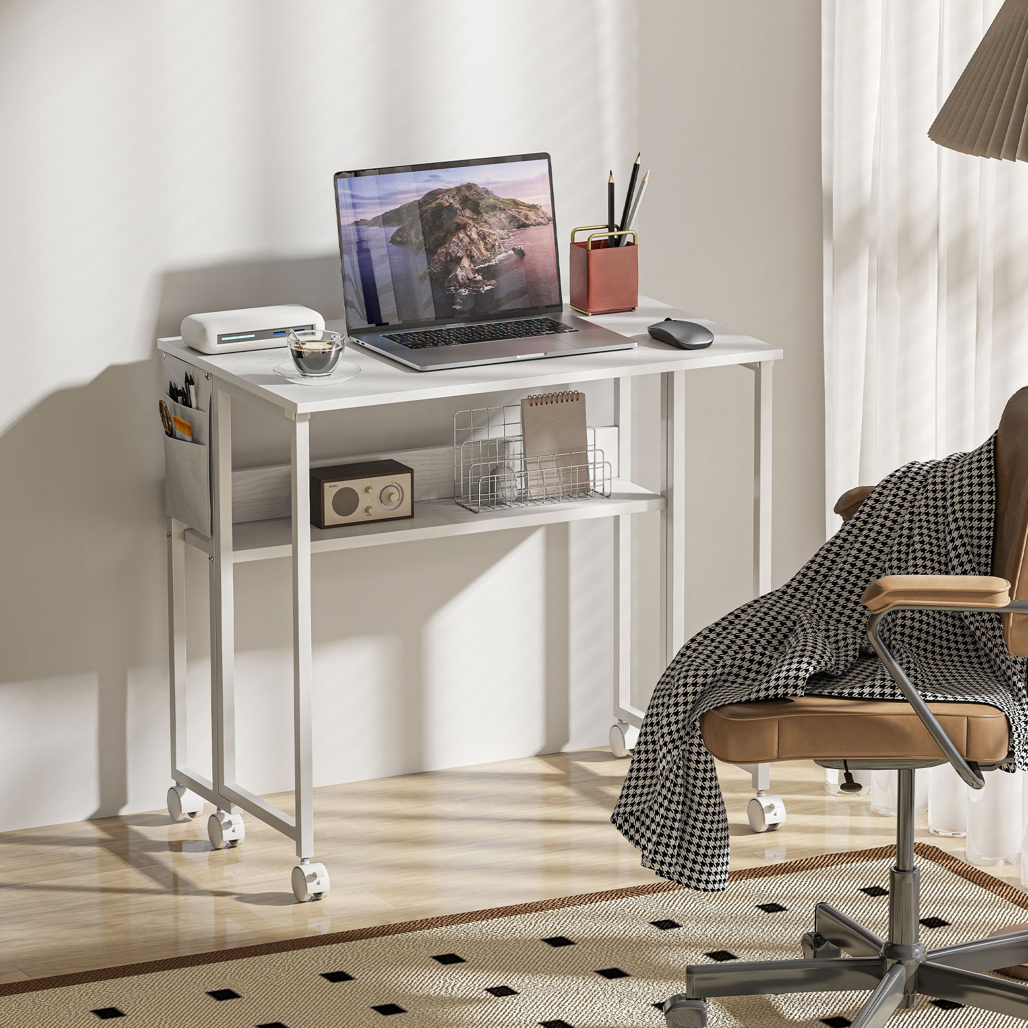 Folding Computer Desk, Foldable Desk with Storage Bag, Shelf and Wheels for Small Spaces, Home Office, White