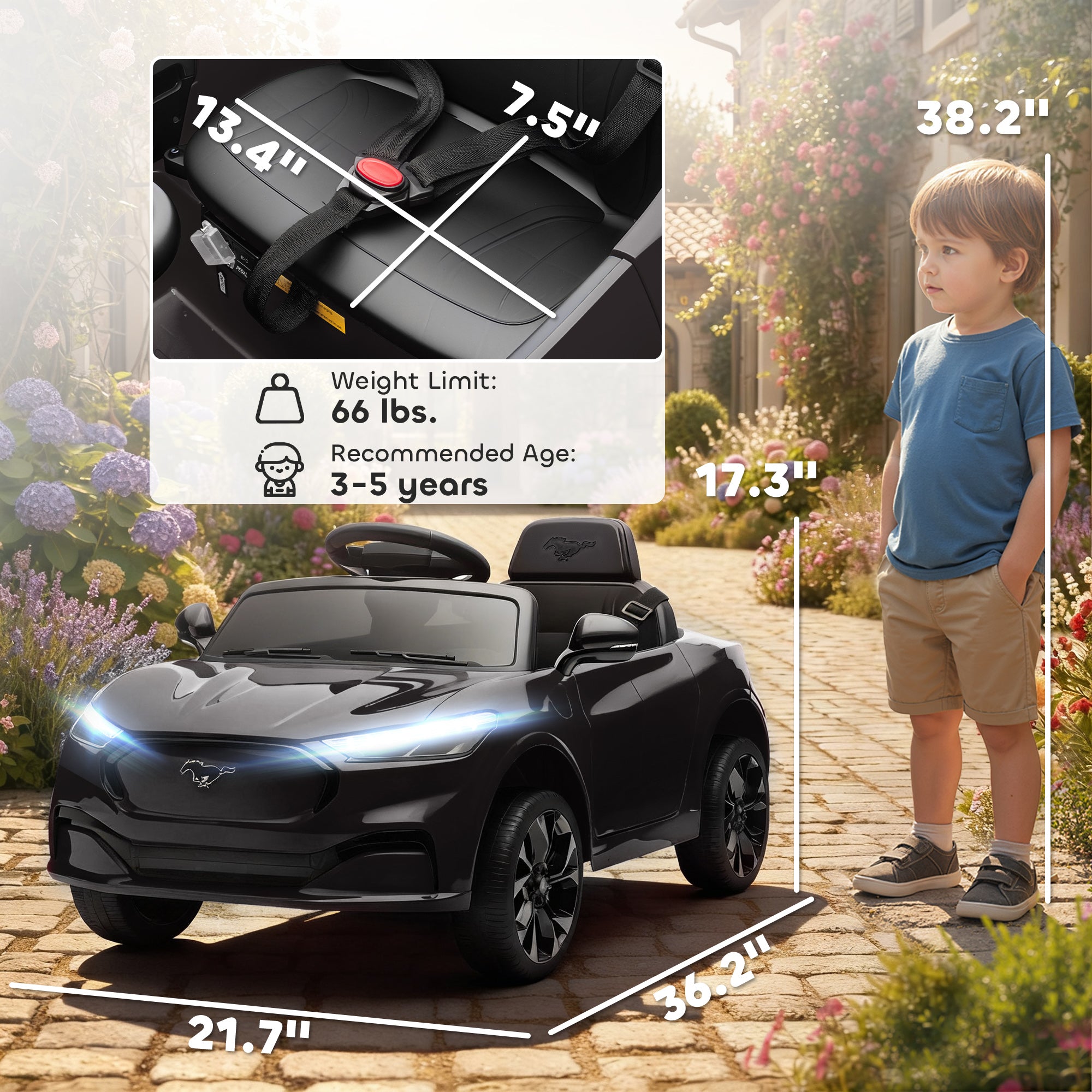 12V Kids Ride On Car, Licensed Ford Mustang Mach-E Electric Car with Remote Control, LED Light, Music, Black