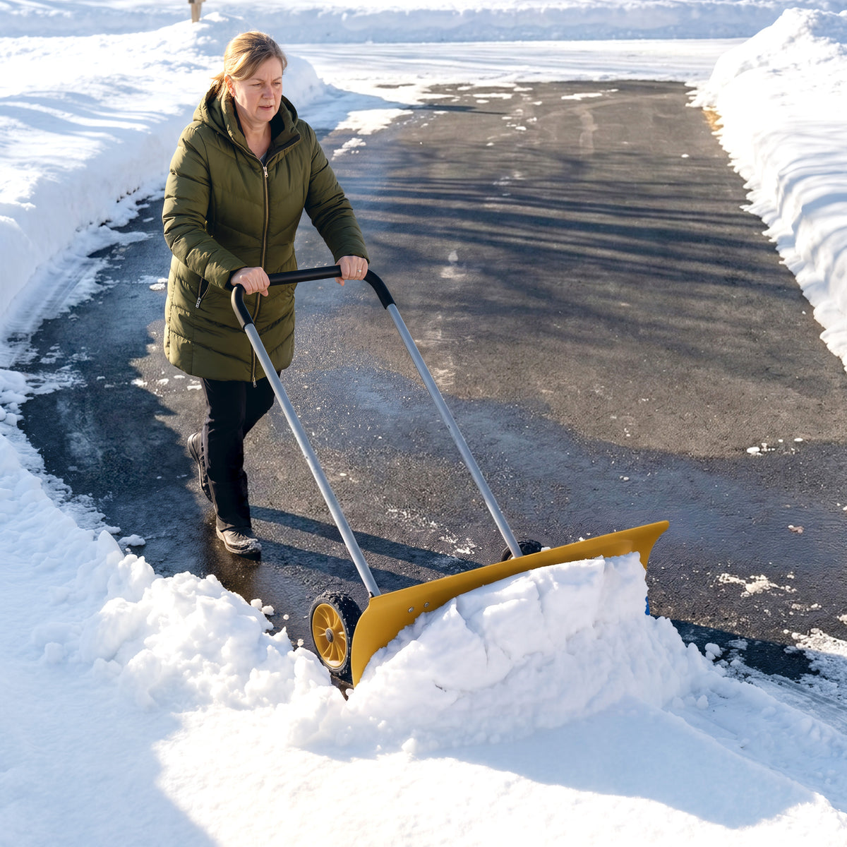 37-Inch Extra Wide Snow Shovel with Wheels, Heavy Duty Aluminum Snow Pusher with Ergonomic Adjustable Handle, Yellow
