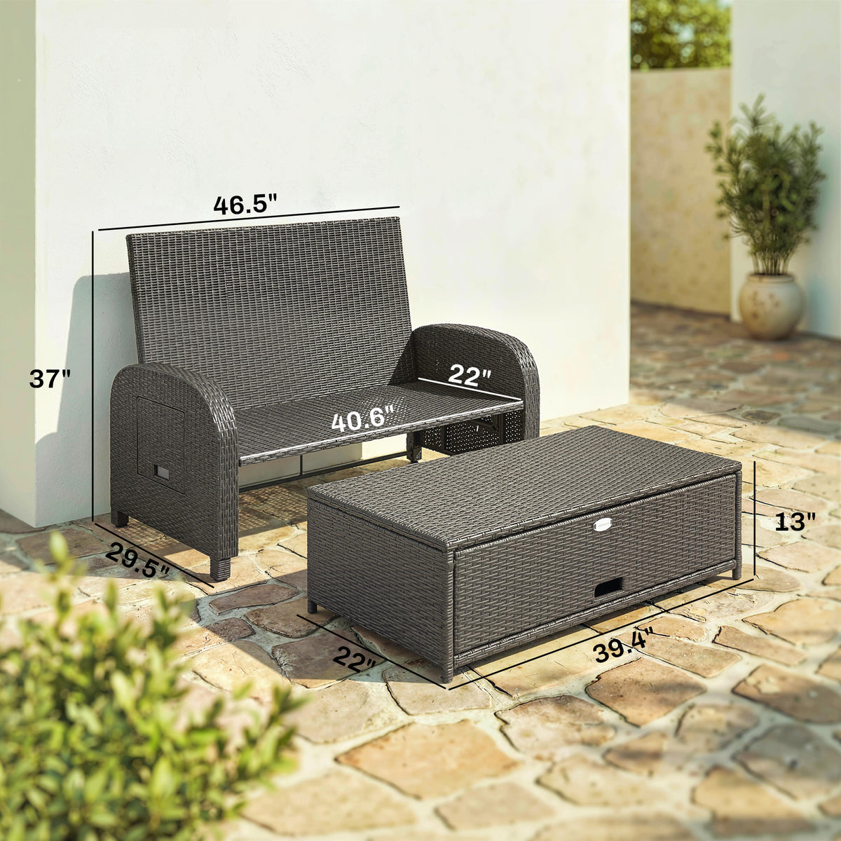 Patio Rattan Daybed, Wicker Outdoor Daybed with Storage Ottoman, Loveseat w/ Adjustable Backrest, Navy Blue