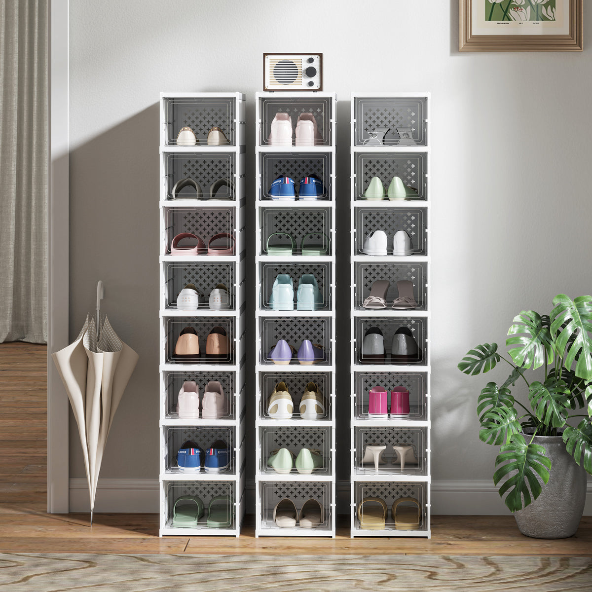 Stackable Plastic Shoe Boxes, 8 Pack Foldable Shoe Storage Boxes with Clear Door, No Assembly, Fit Size 10, White