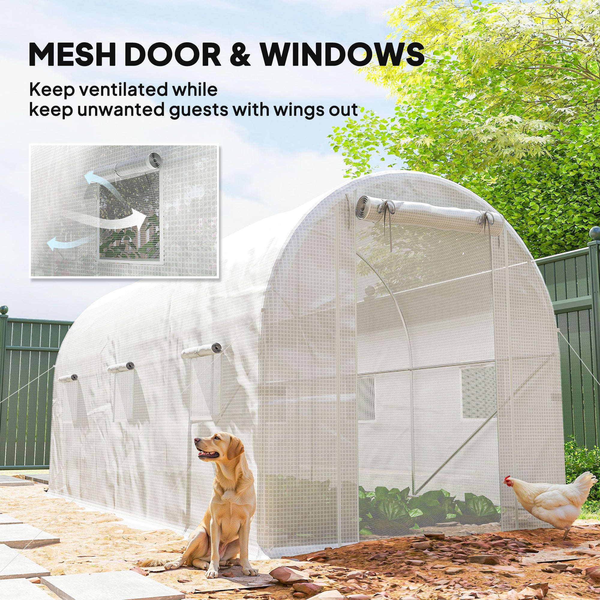 Hoop House Greenhouse, Walk-in Tunnel Greenhouse with 2 Support Rods, Zippered Roll-up Mesh Door, 14.6'x6.5'x6.6', White - White - Image 6