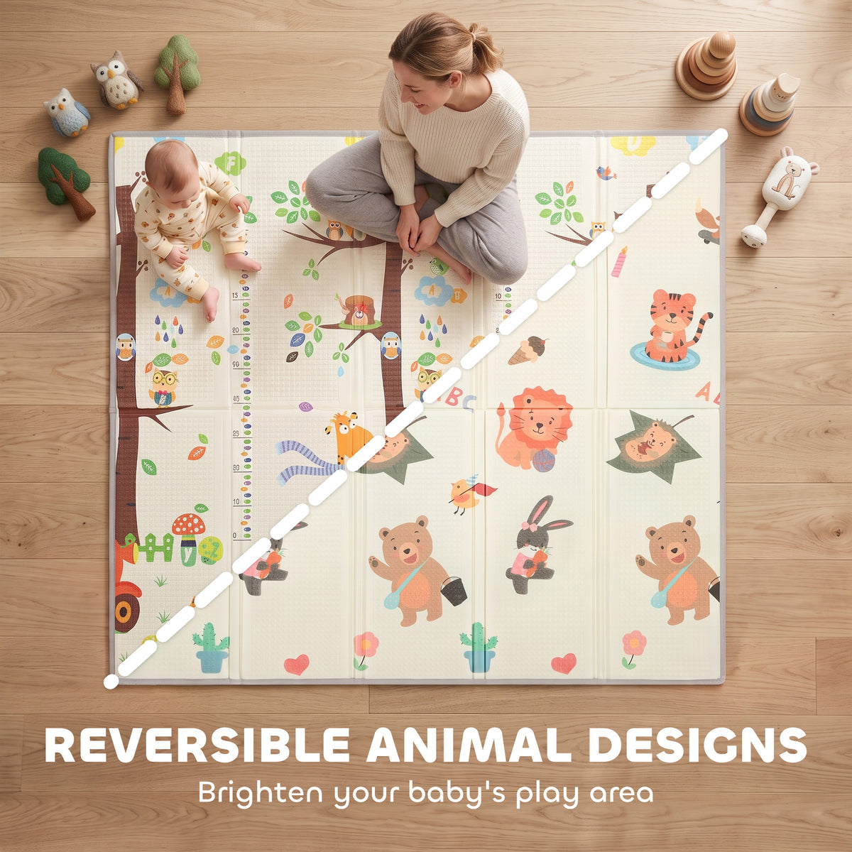Foldable & Reversible Baby Play Mat, 79" x 71"Thick Play Mat for Floor, Waterproof Non-Slip, Giraffe & Woodland Animals