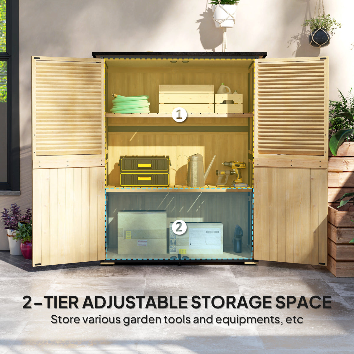 Wood Storage Shed, Outdoor Garden Shed with Asphalt Roof, 2 Shelves, Lockable Doors and Adjustable Feet, Natural