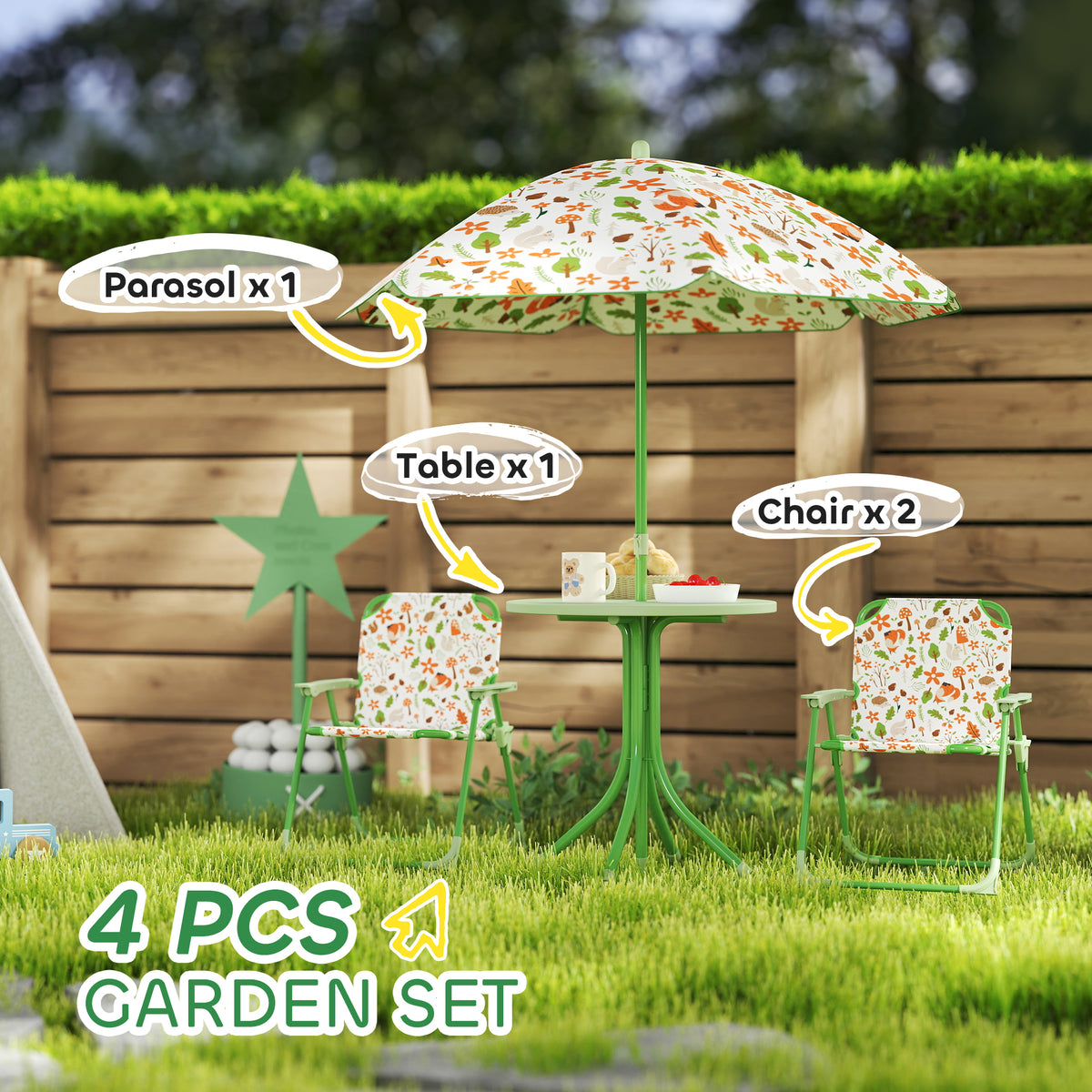 Qaba Kids Picnic Table and Chair Set, Outdoor Activity Table with Foldable Chairs, Removable Umbrella for Backyard, Green