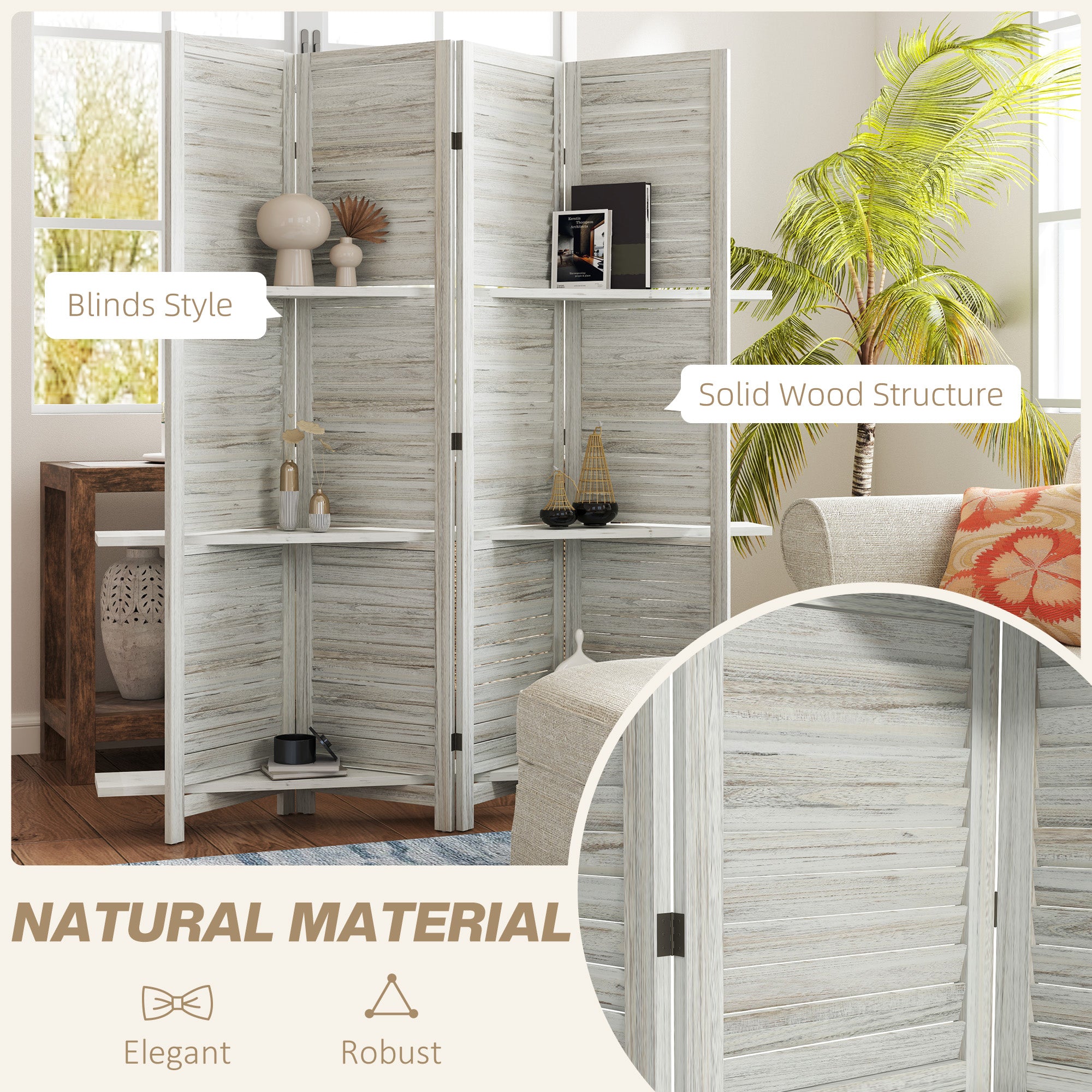 4 Panel 67" Tall Wood Privacy Screen Room Divider with 3 Shelves and Folding Storage for Bedroom, Distressed White
