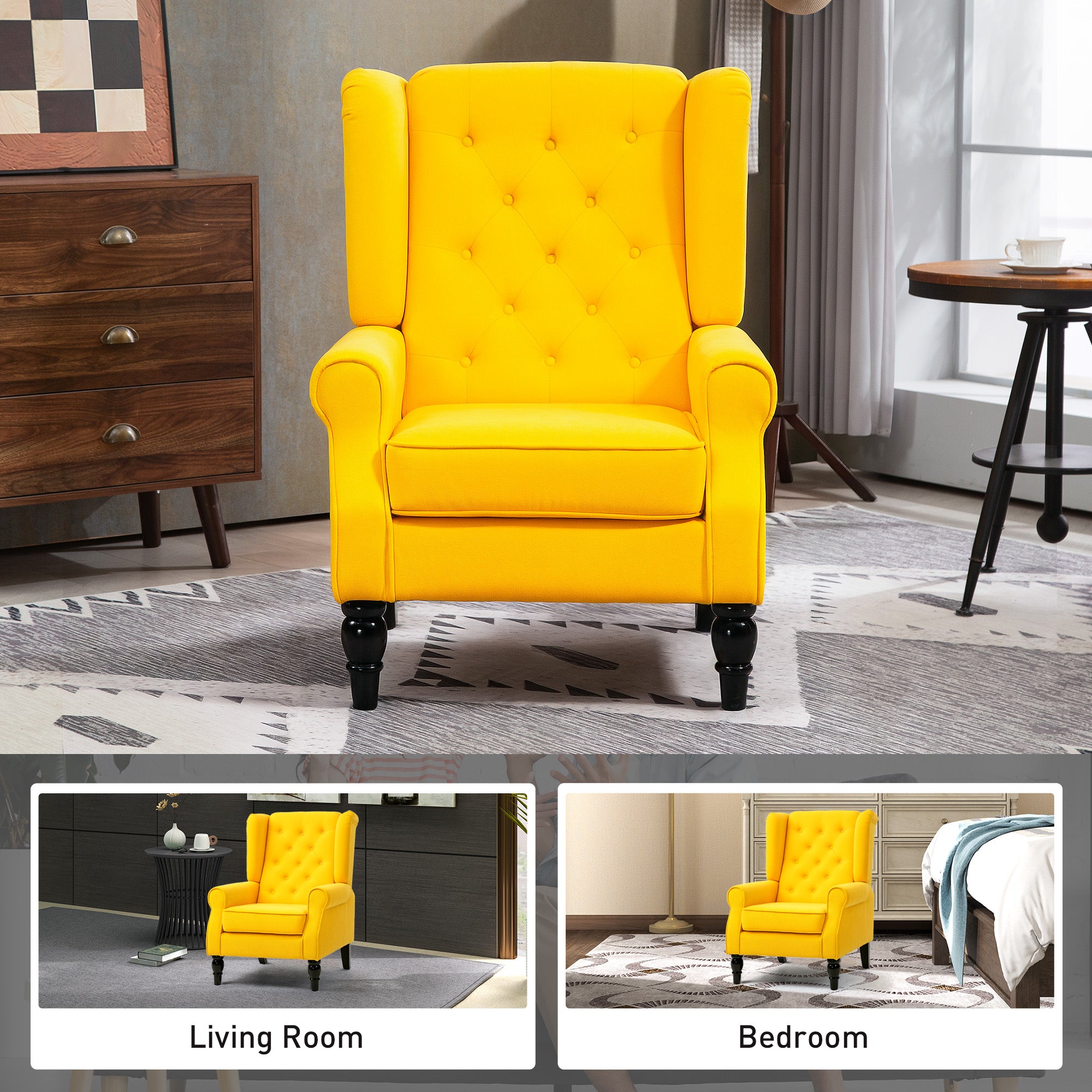 Wingback Accent Chair for Living Room, Button-Tufted Lounge Chair with Round Armrests and Wood Legs, Yellow