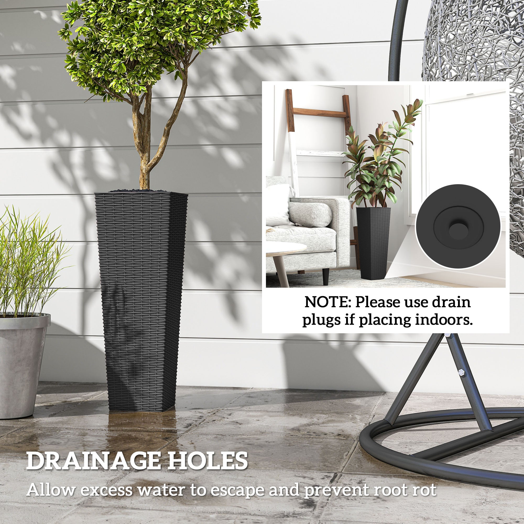 23.6 Inch Tall Planters for Outdoor Plants, Set of 2 Plastic Flower Pots with Drainage Holes, Black - Black - Image 6