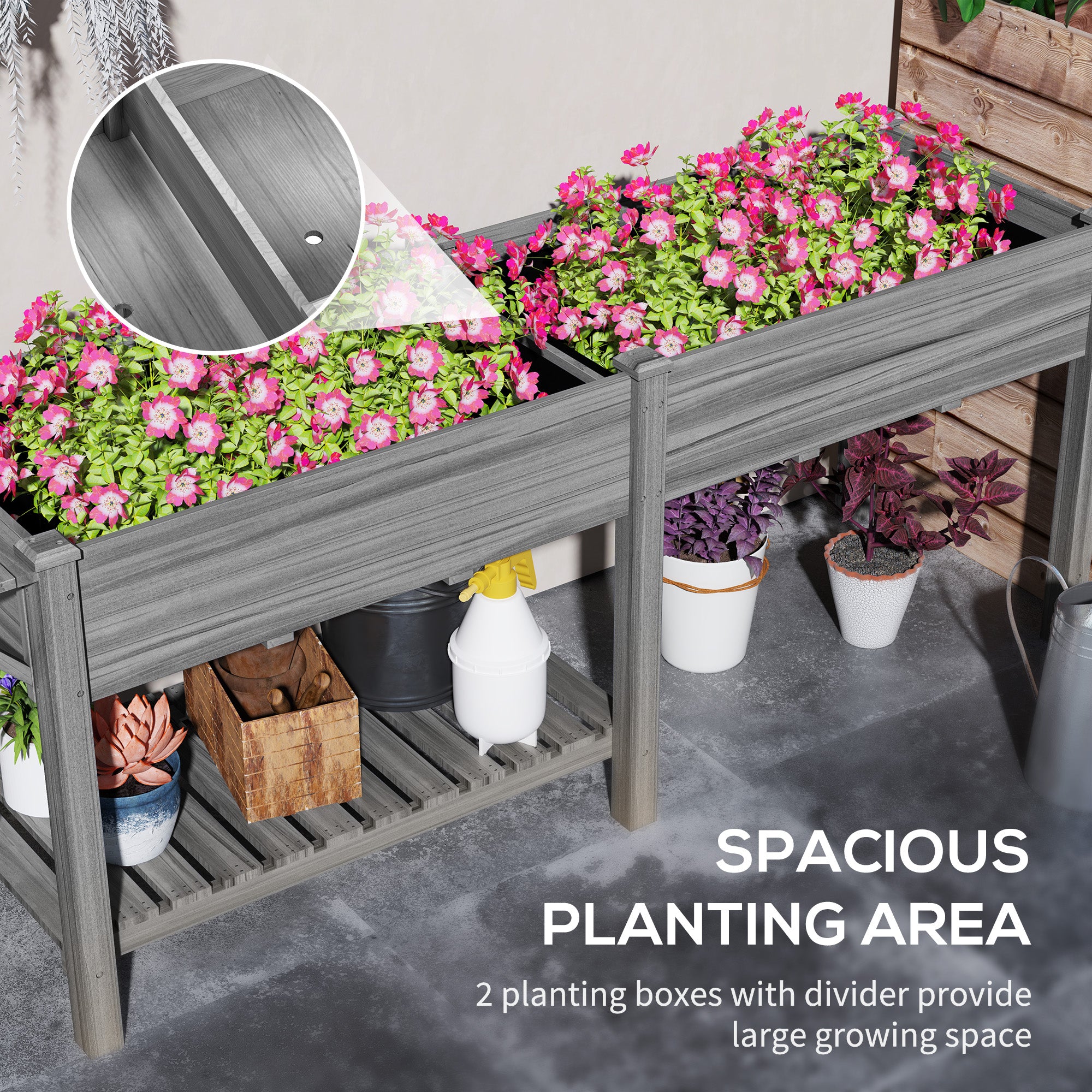 Wood Raised Garden Box, Elevated Garden Bed with Side Table, Bottom Shelf, Bed Liners and Drainage Holes, Gray - Gray - Image 4