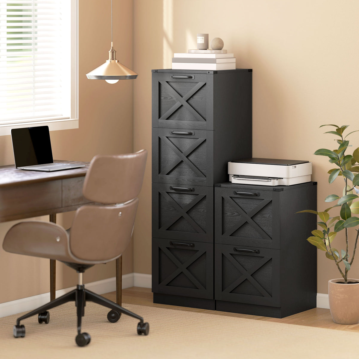 Vertical Storage Drawers Farmhouse X Pattern Printer Stand Fits Letter Files 4 Drawers Black
