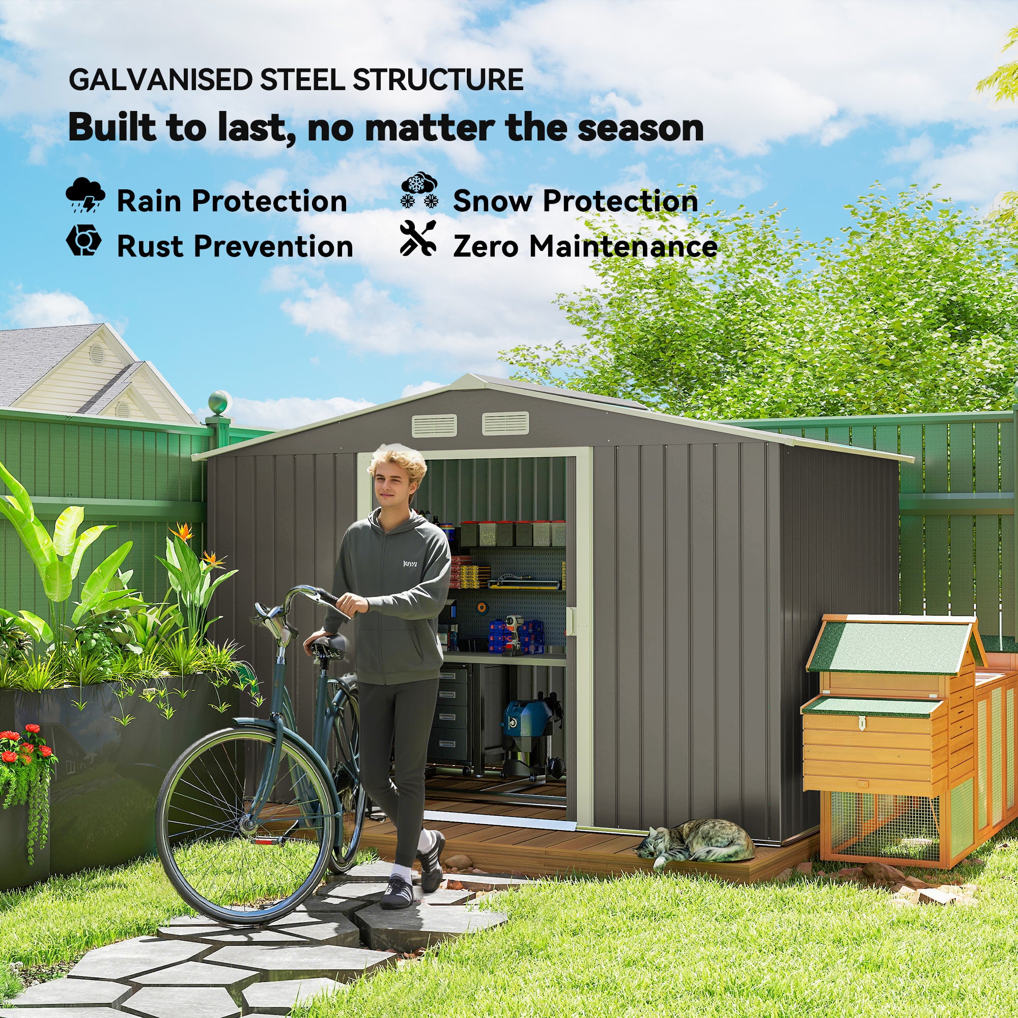 Large Outdoor Storage Shed, 9x6 Garden Tool Shed for Patio, Garage, Lawn, Gray - Gray - Image 4