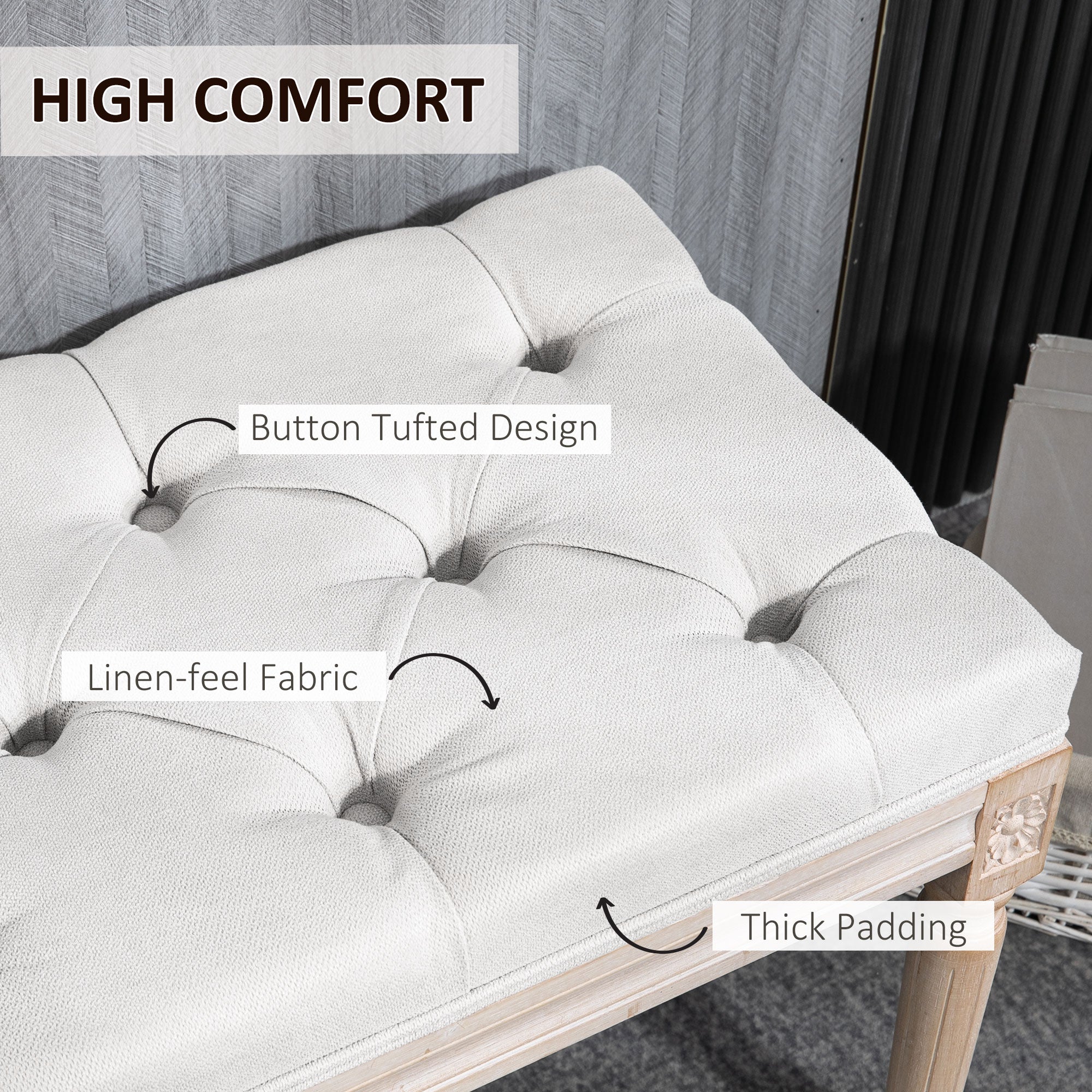 32" Linen Upholstered Bedroom Bench, French End of Bed Bench with Thick Padded Cushion and Wooden Legs, Cream White