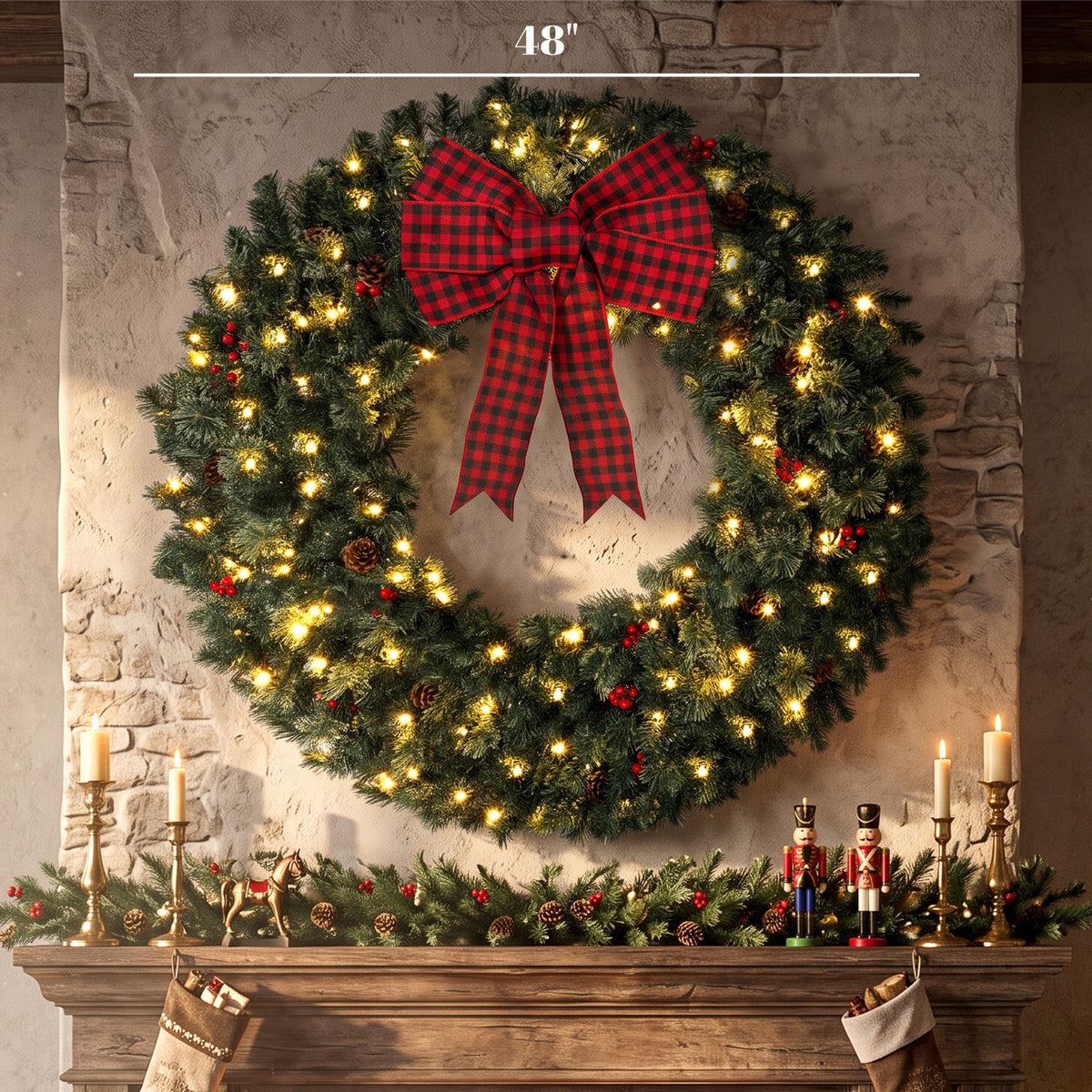 48" Prelit Crestwood Spruce Artificial Christmas Wreath, Christmas Decor with Bow, 8 Modes, Red Berries, Pinecones