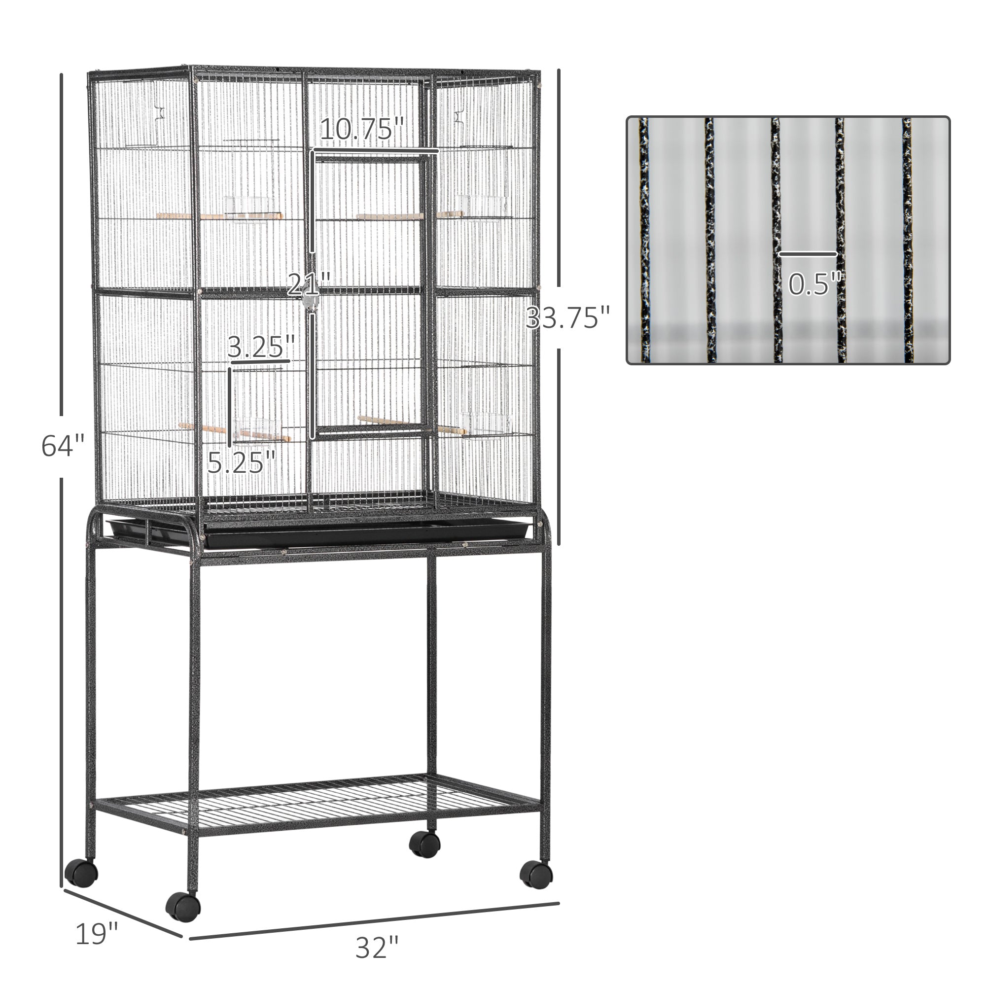 30" Rolling Metal Bird Cage Feeder with Detachable Rolling Stand, Storage Shelf, Wood Perch & Food Container - Black and Gray - Image 3