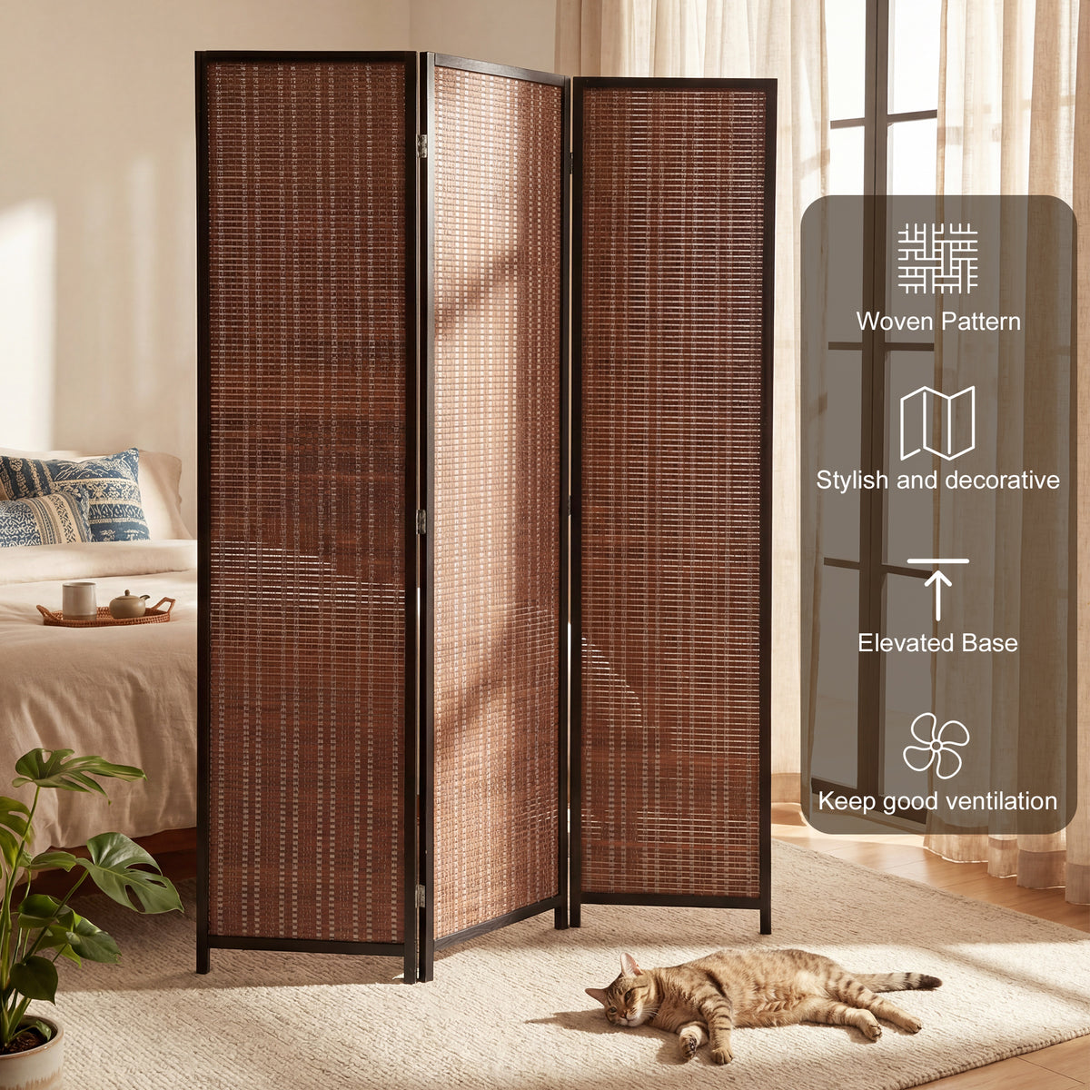 Room Divider Folding Privacy Screen Freestanding 3 Panel Pine Wood for Bedroom Home Office 6 Ft Tall Black Brown