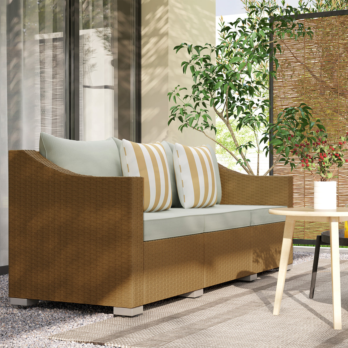 Rattan Wicker 3 Seater Patio Couch with Cushions, 2 Throw Pillows, Outdoor Furniture Rattan Sofa, Light Gray
