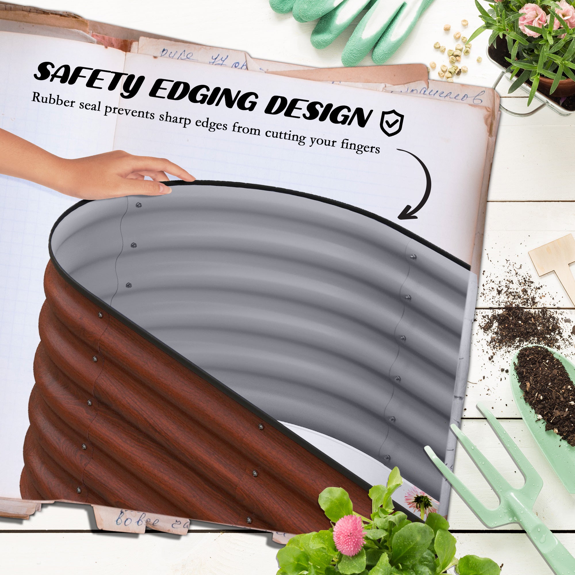 3.4' x 2' x 1.4' Galvanized Raised Garden Bed Kit, Metal Planter Box with Safety Edging, Brown - Brown - Image 6